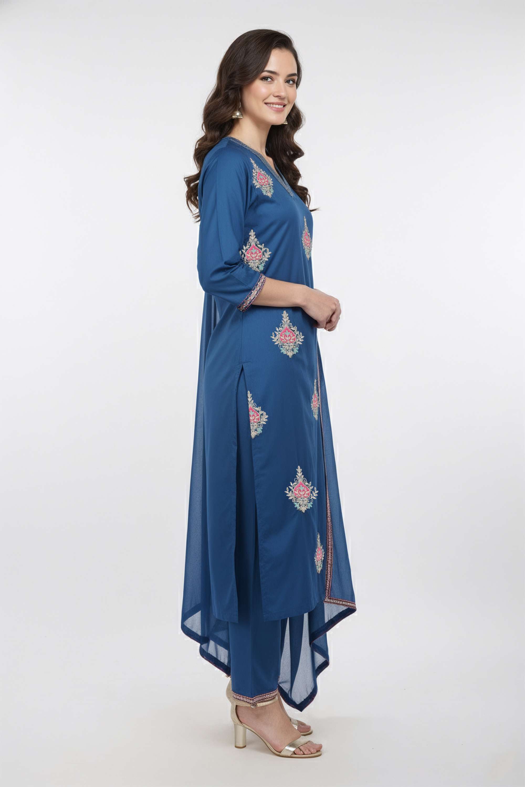 Embroidered-Blended-Fabric-V-Neck-Women-Pant-with-Kurta-and-Dupatta