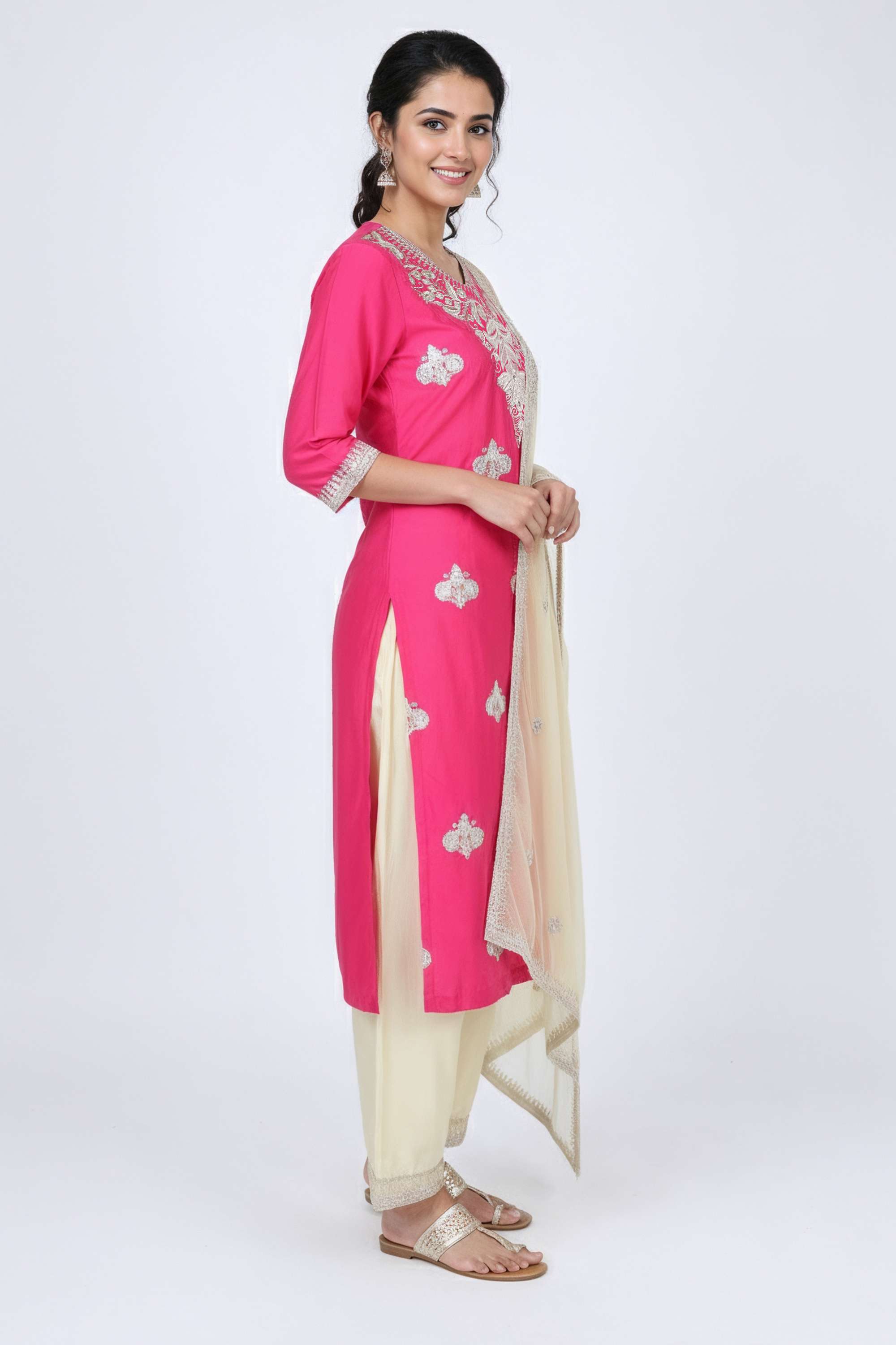 Embroidered-Blended-Fabric-V-Neck-Women-Kurta-with-Palazzo-and-Dupatta