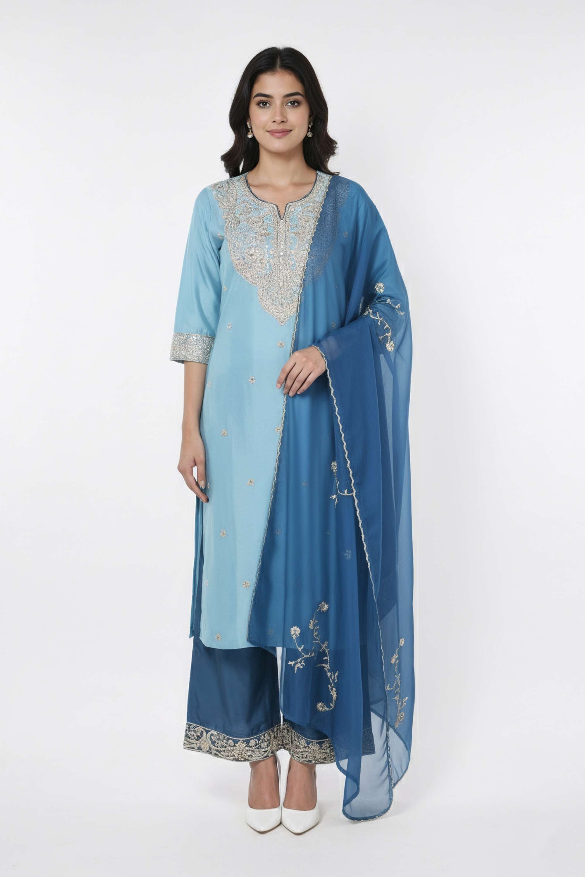 Embroidered-Blended-Fabric-Y-Neck-Women-s-Festive-Wear-Kurta-Set