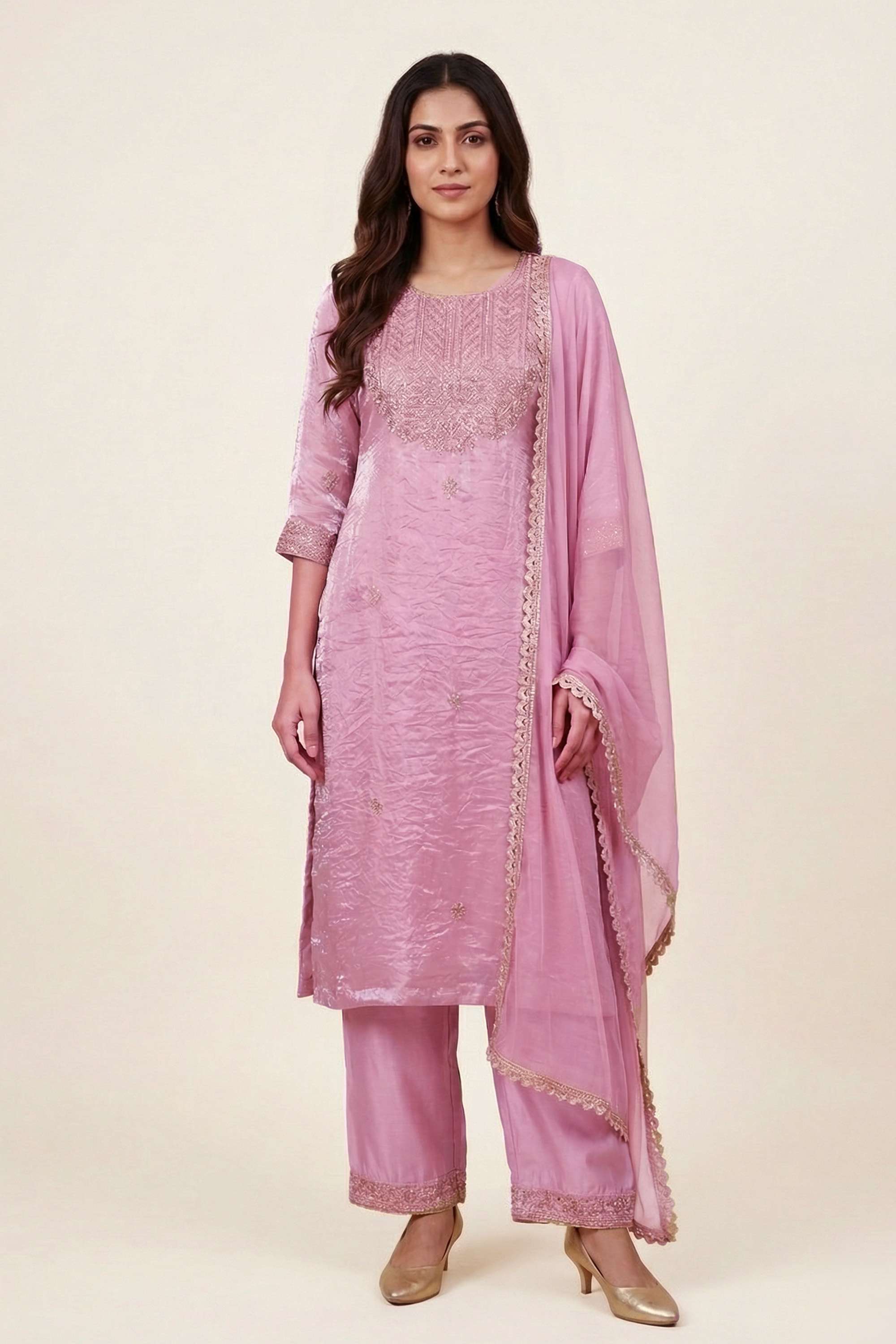Embellished-Satin-Round-Neck-Women-Kurta-with-Pant-and-Dupatta