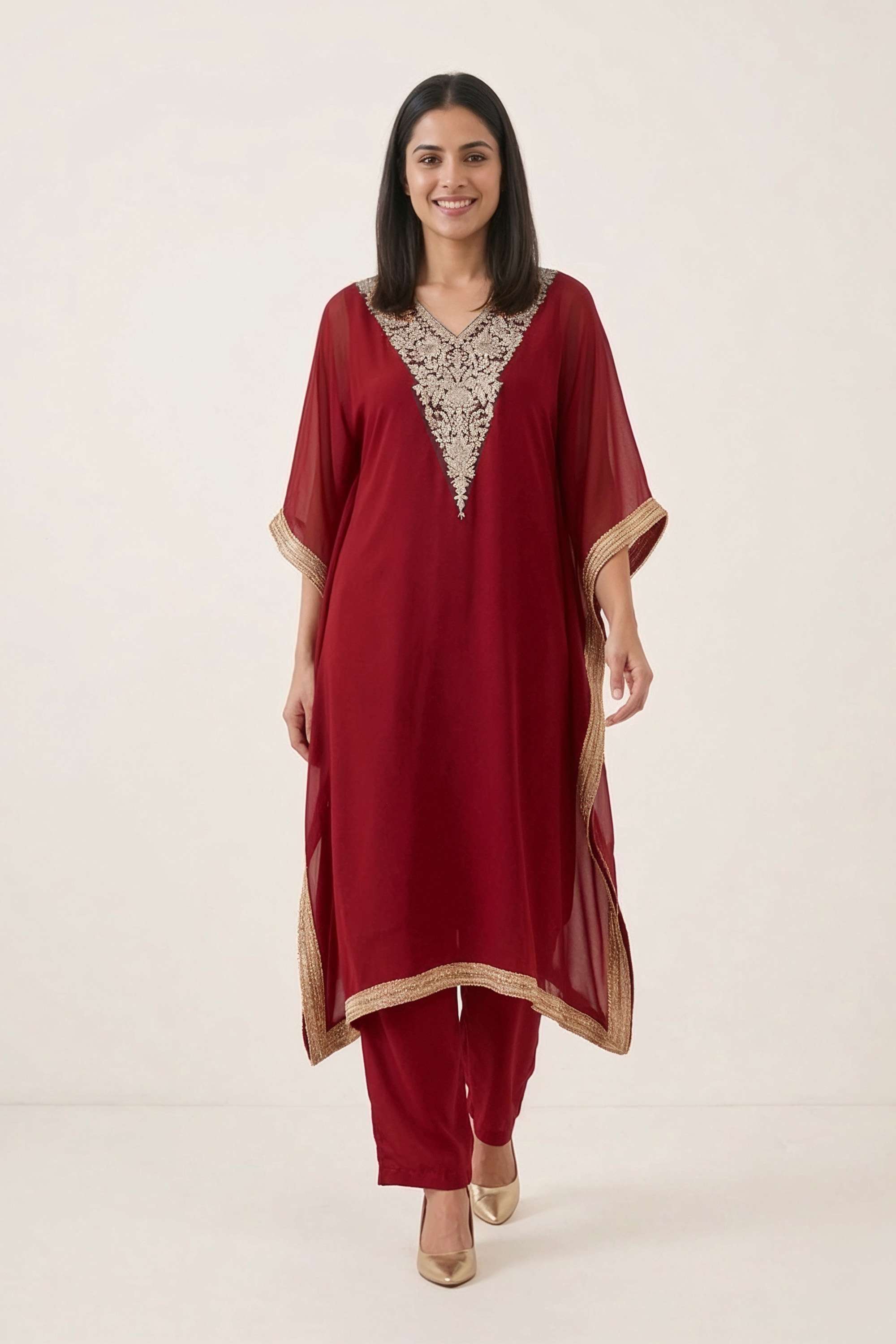 Embroidered-Georgette-V-Neck-Women-Kaftan