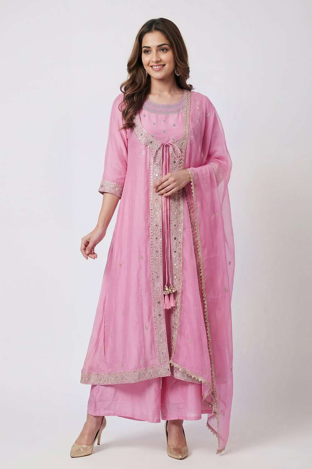 Embroidered-Chanderi-Round-Neck-Women-s-Casual-Wear-Kurta-Set