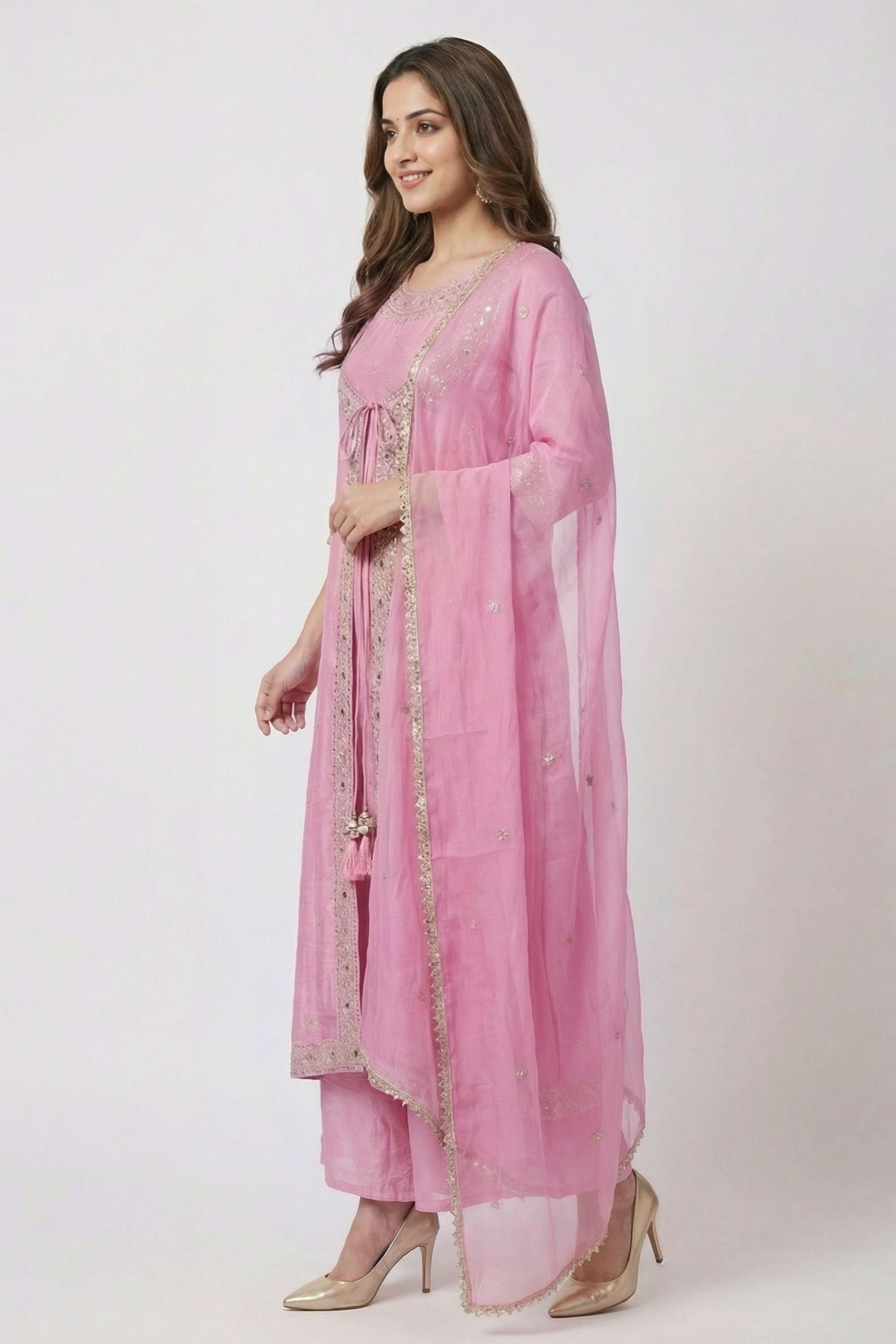 Embroidered-Chanderi-Round-Neck-Women-Kurta-with-Palazzo-and-Dupatta
