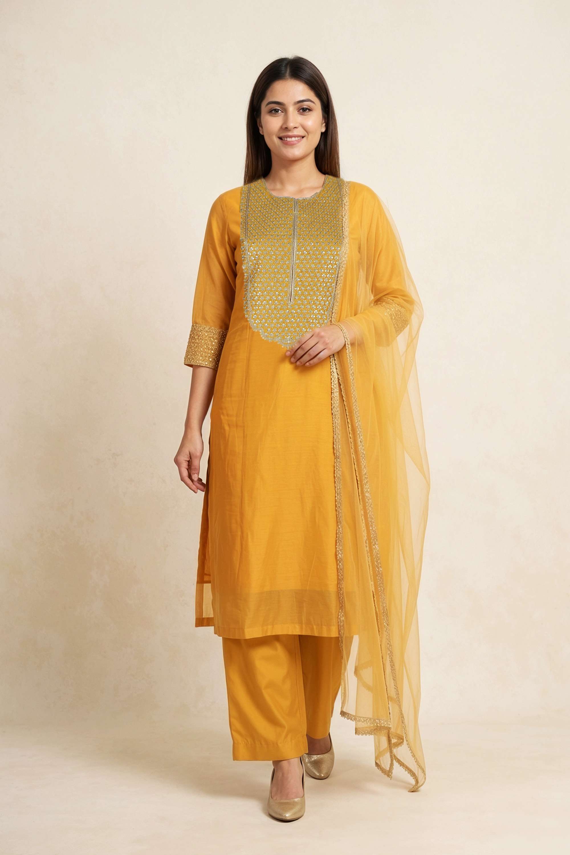 Embellished-Chanderi-Round-Neck-Women-Kurta-with-Pant-and-Dupatta