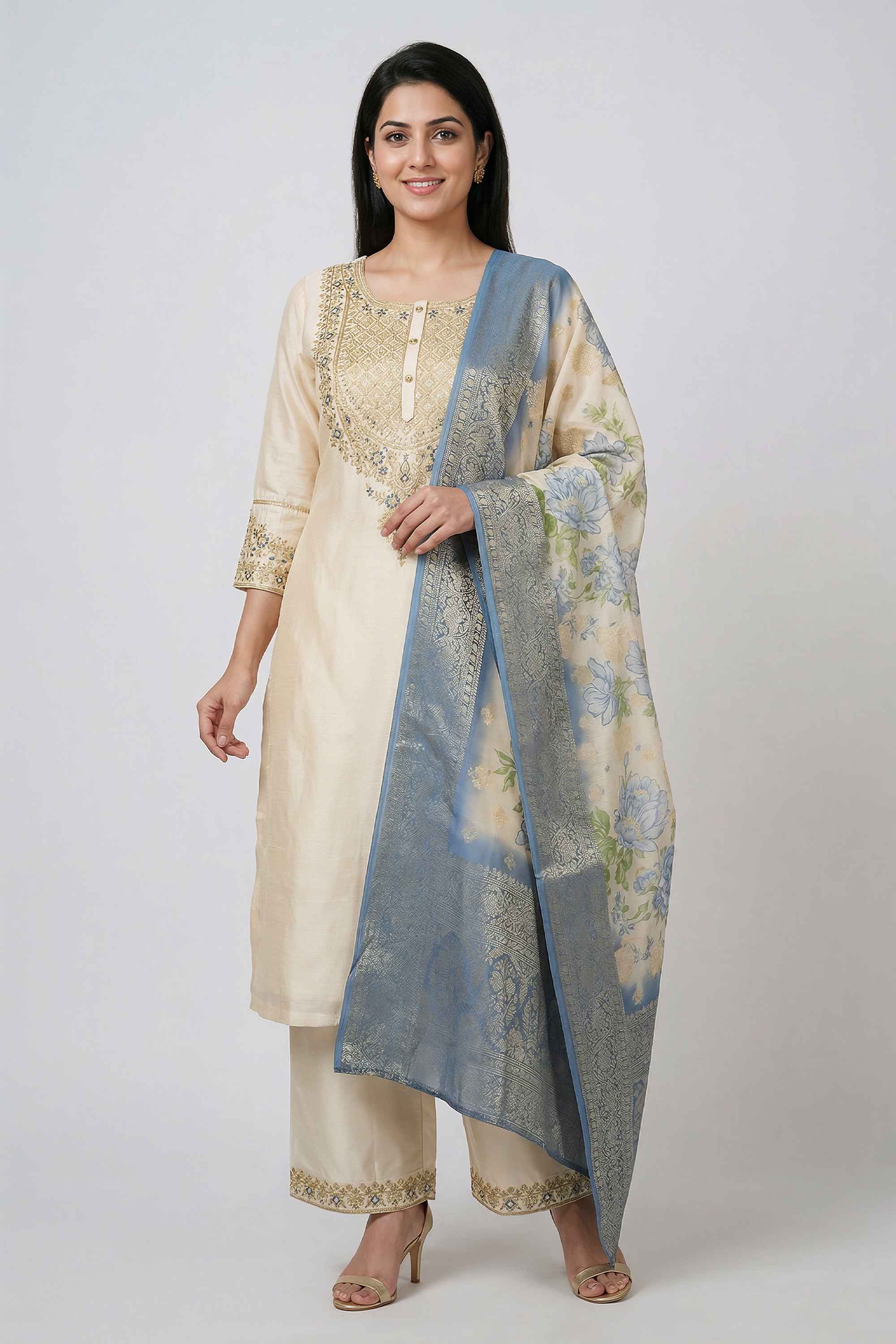 Embellished-Blended-Fabric-Round-Neck-Women-Kurta-with-Pant-and-Dupatta