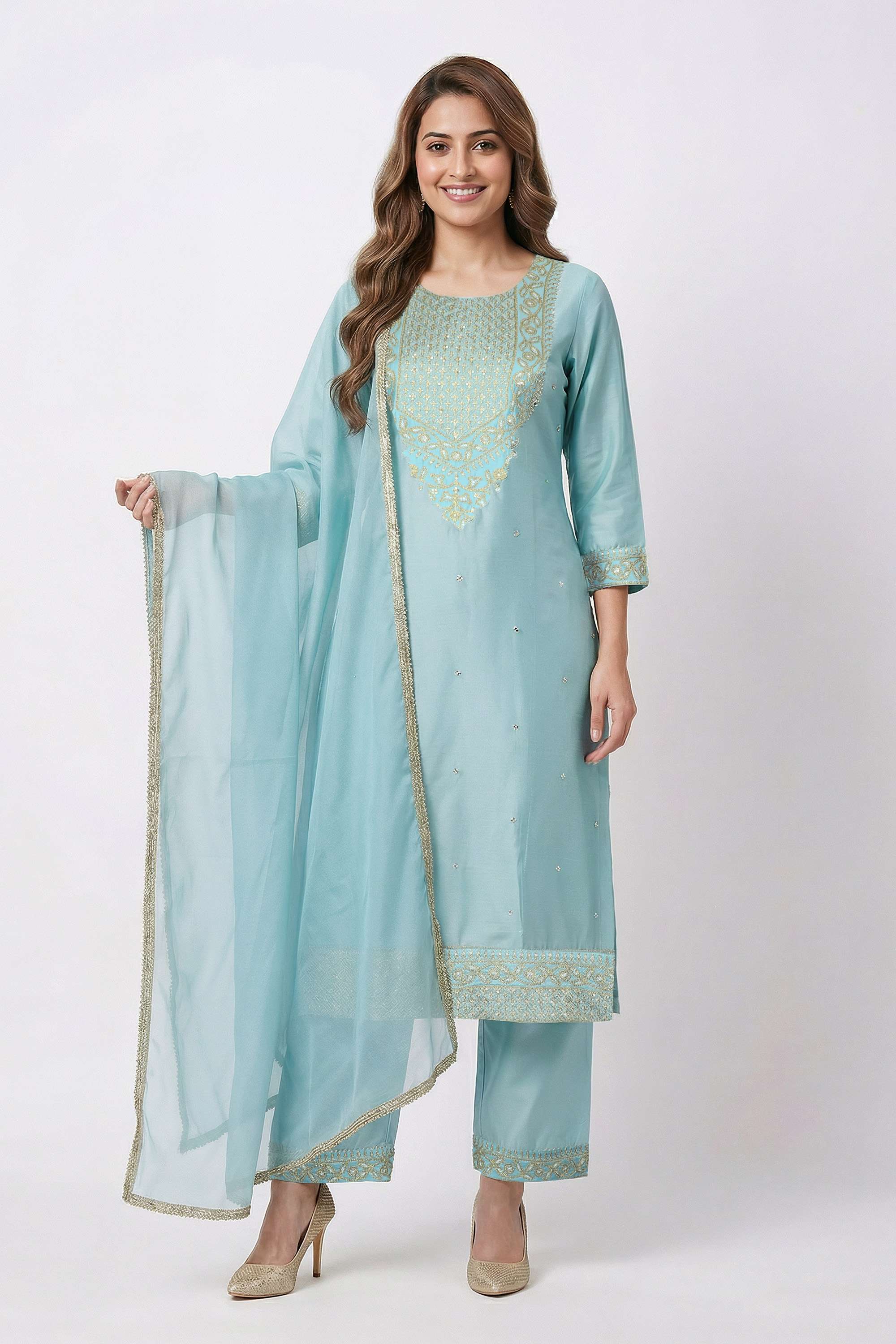 Embellished-Blended-Fabric-Round-Neck-Women-Kurta-with-Pant-and-Dupatta