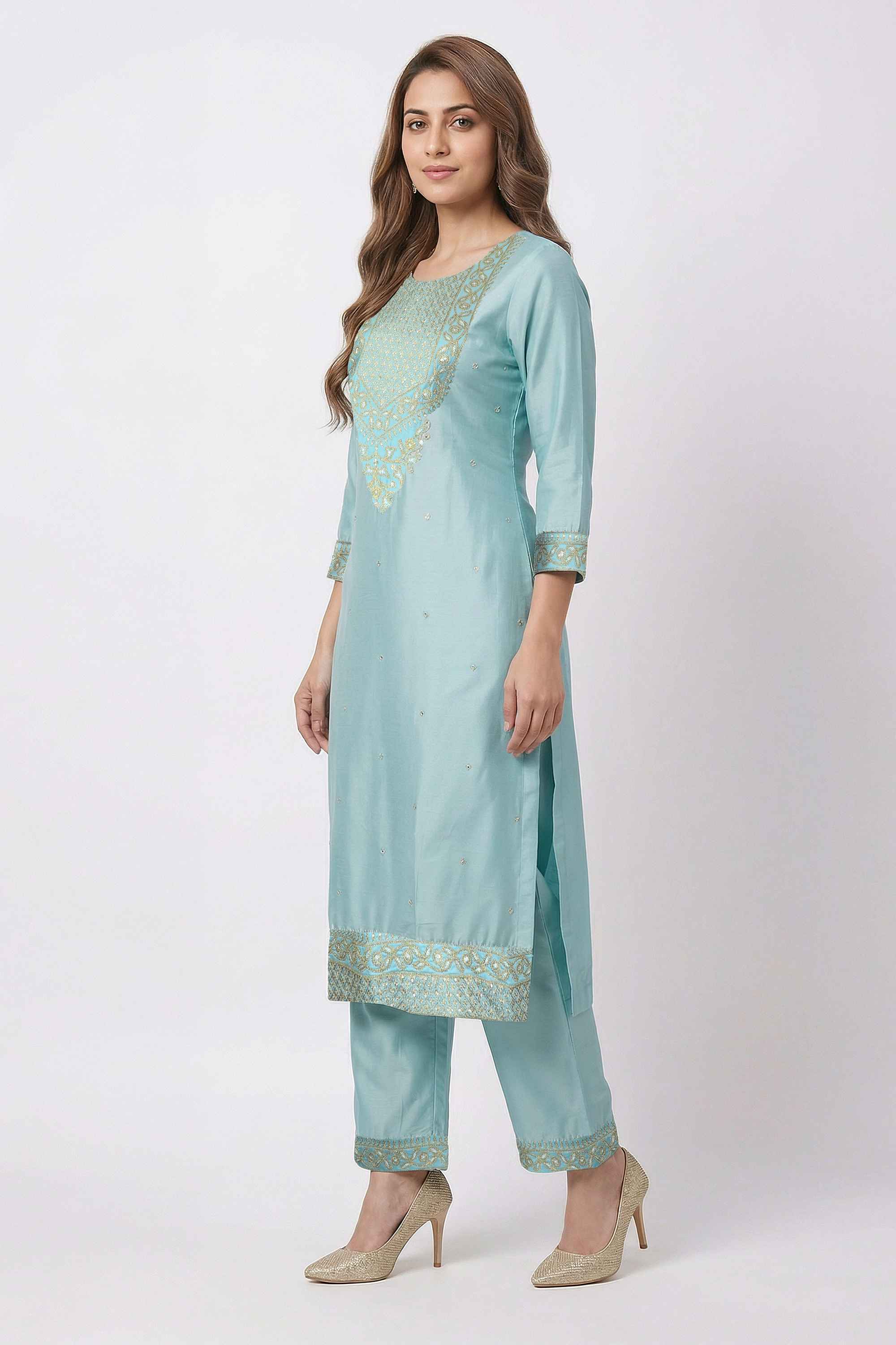 Embellished-Blended-Fabric-Round-Neck-Women-Kurta-with-Pant-and-Dupatta