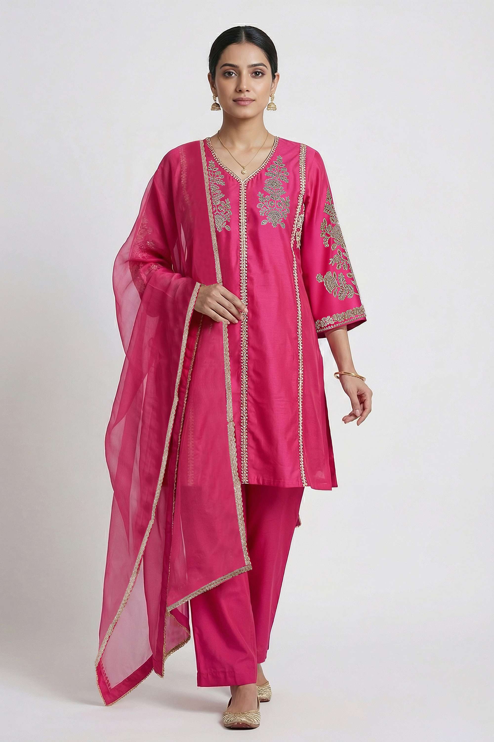 Solid-Y-Neck-Blended-Fabric-Women-Kurta-with-Pant-and-Dupatta