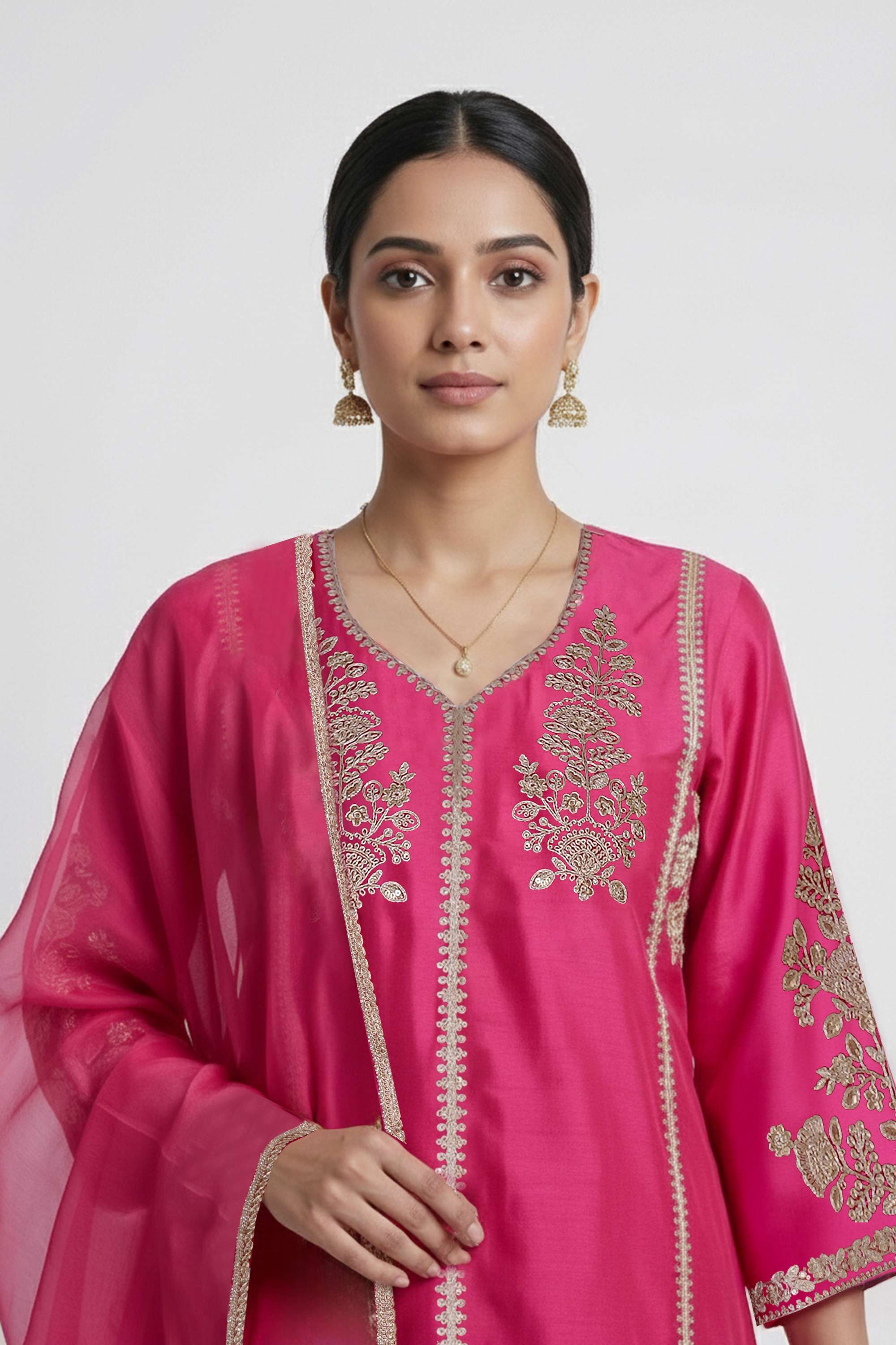 Solid-Y-Neck-Blended-Fabric-Women-Kurta-with-Pant-and-Dupatta