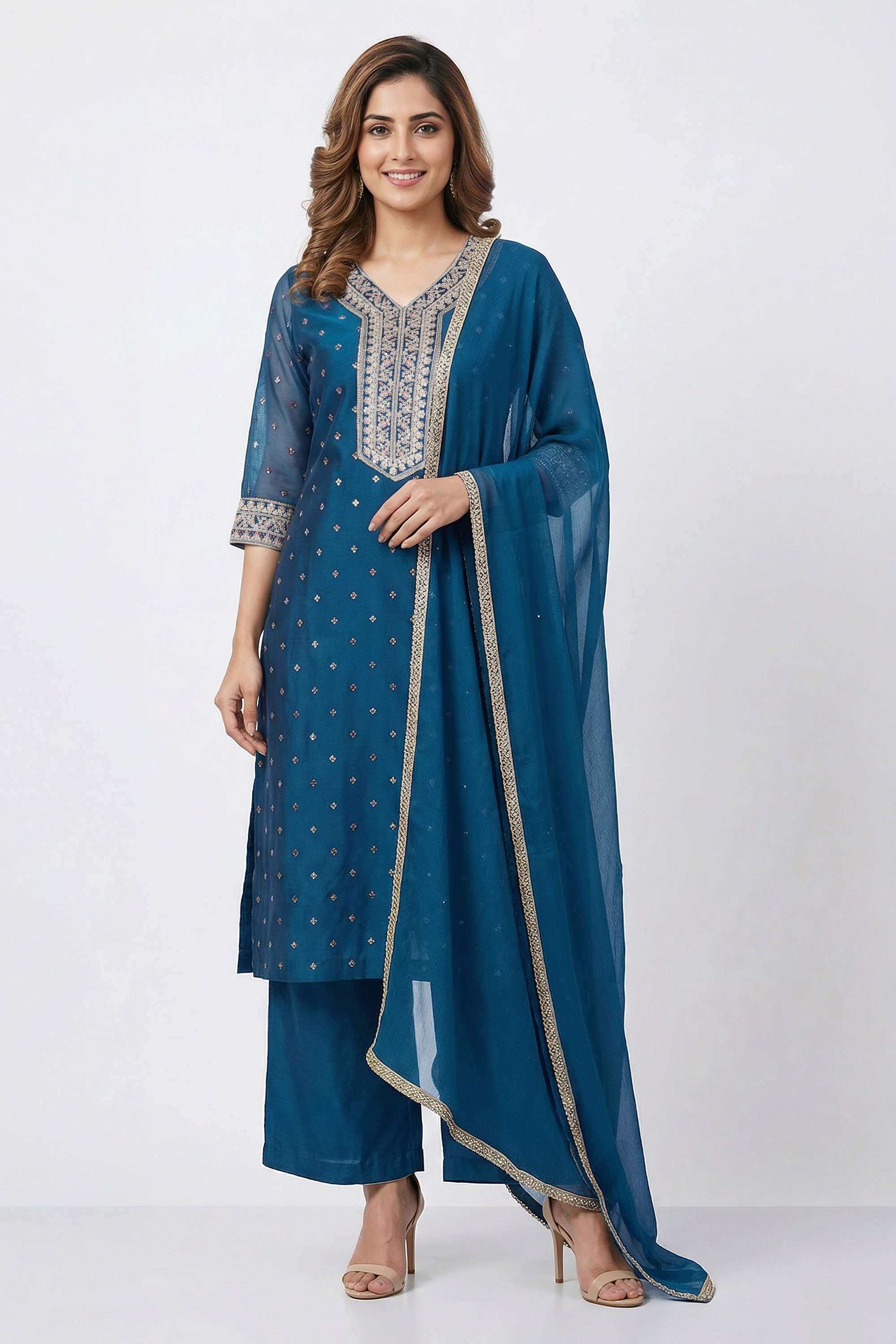 Floral-Chanderi-Y-Neck-Women-s-Casual-Wear-Kurta-Set