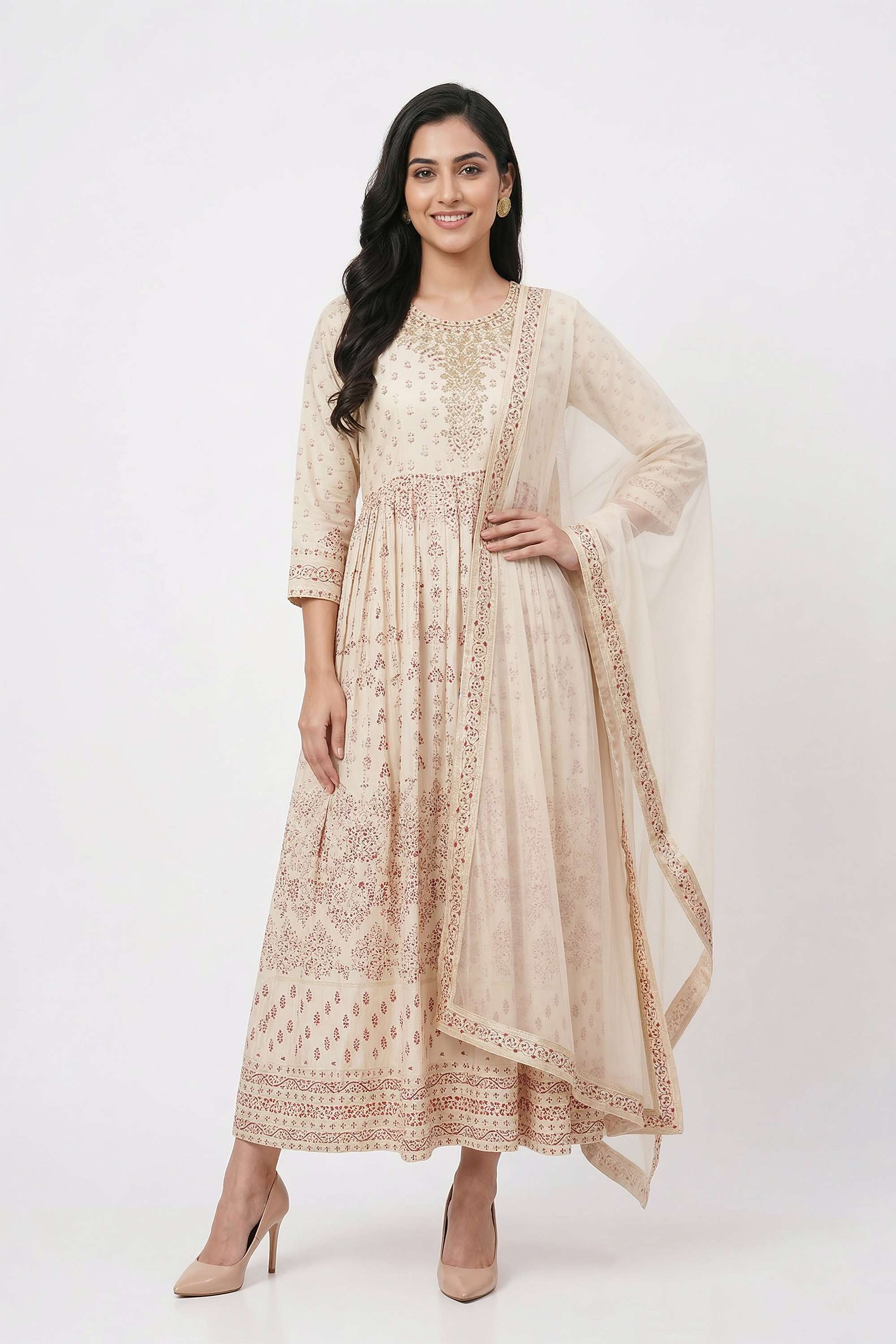 Floral-Blended-Fabric-Round-Neck-Women-s-Casual-Wear-Kurta-Set