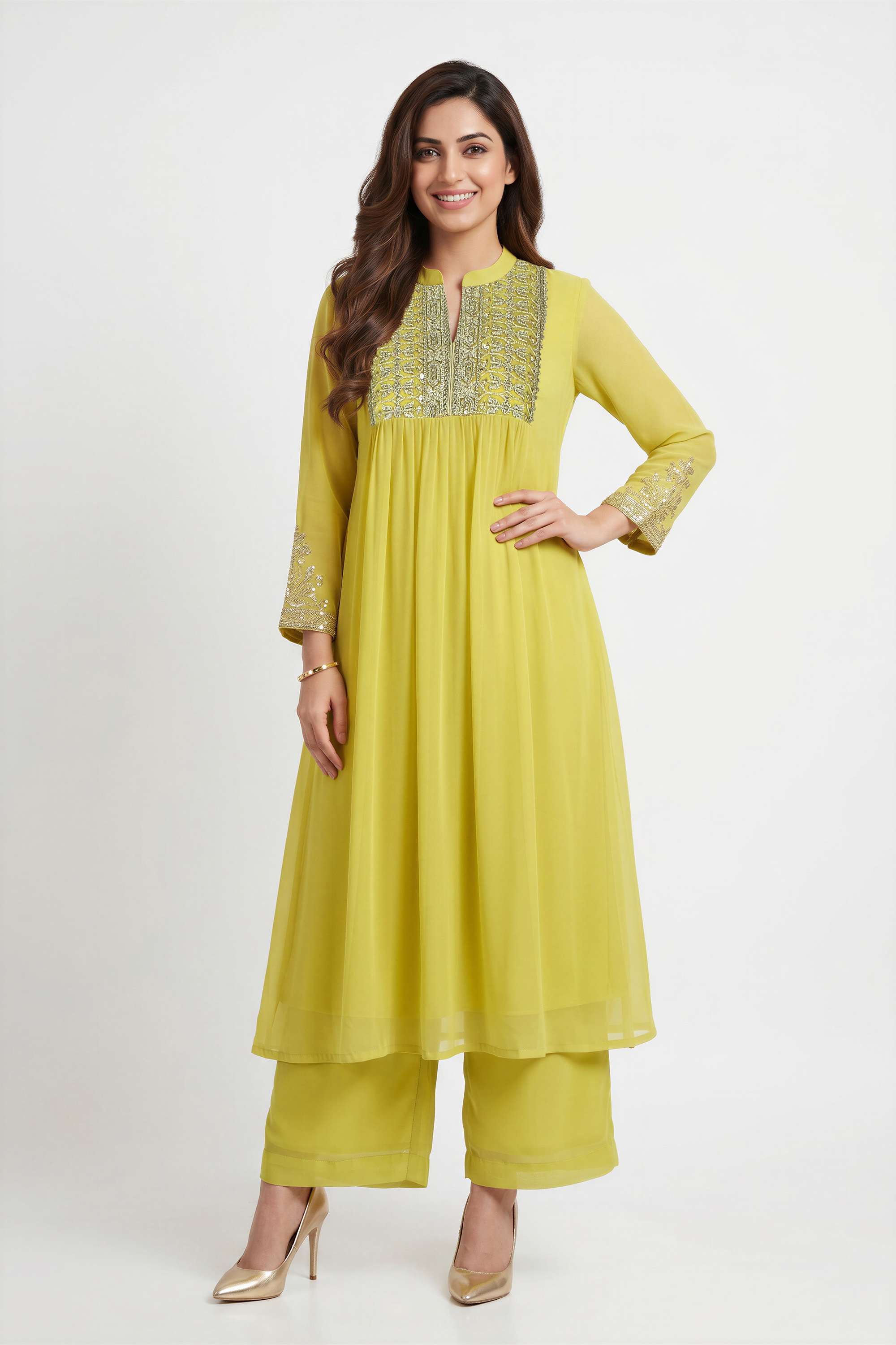 Embroidered-Georgette-Collared-Women-Kurta-with-Palazzo-and-Dupatta