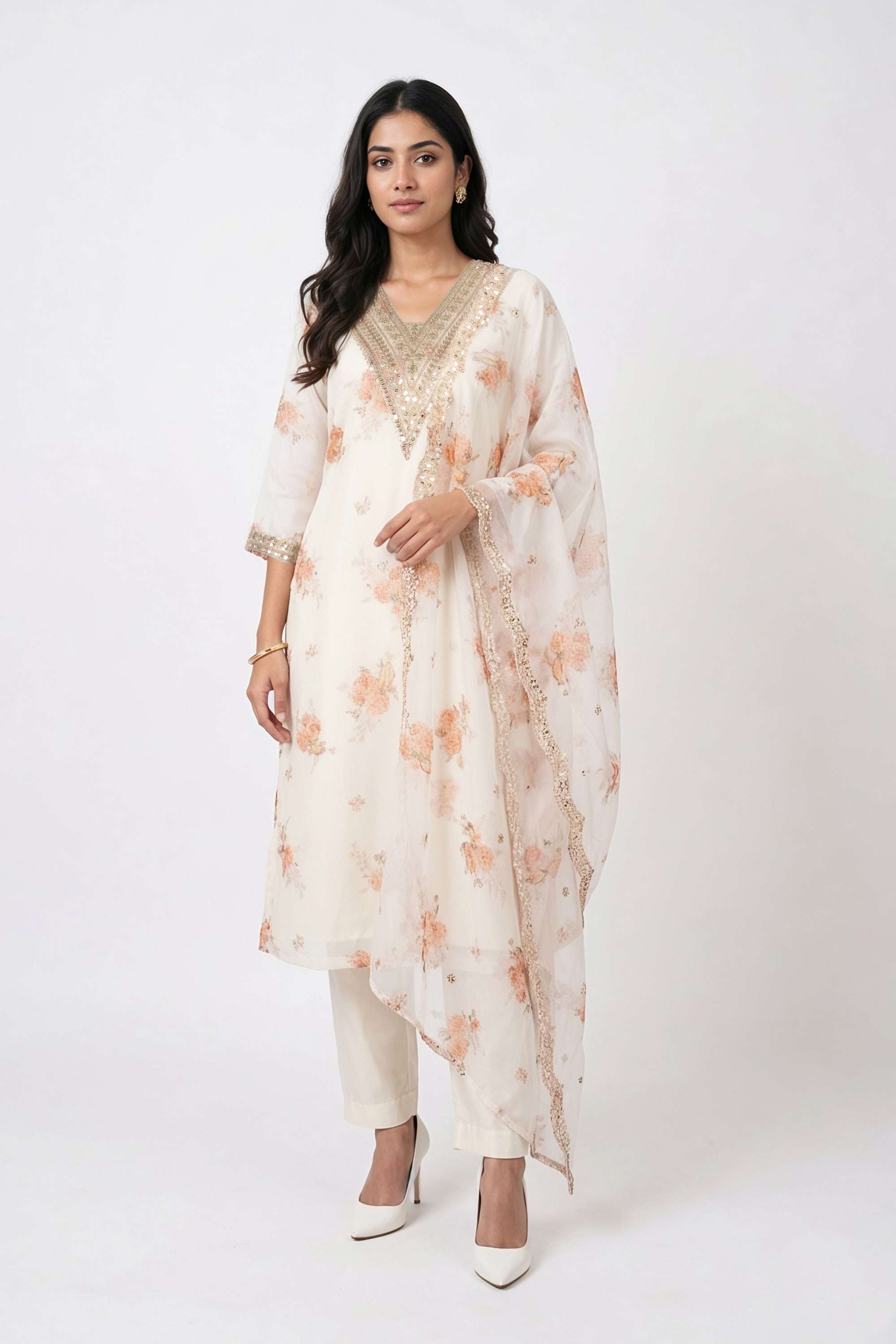 Floral-Organza-Y-Neck-Women-s-Casual-Wear-Kurta-Set