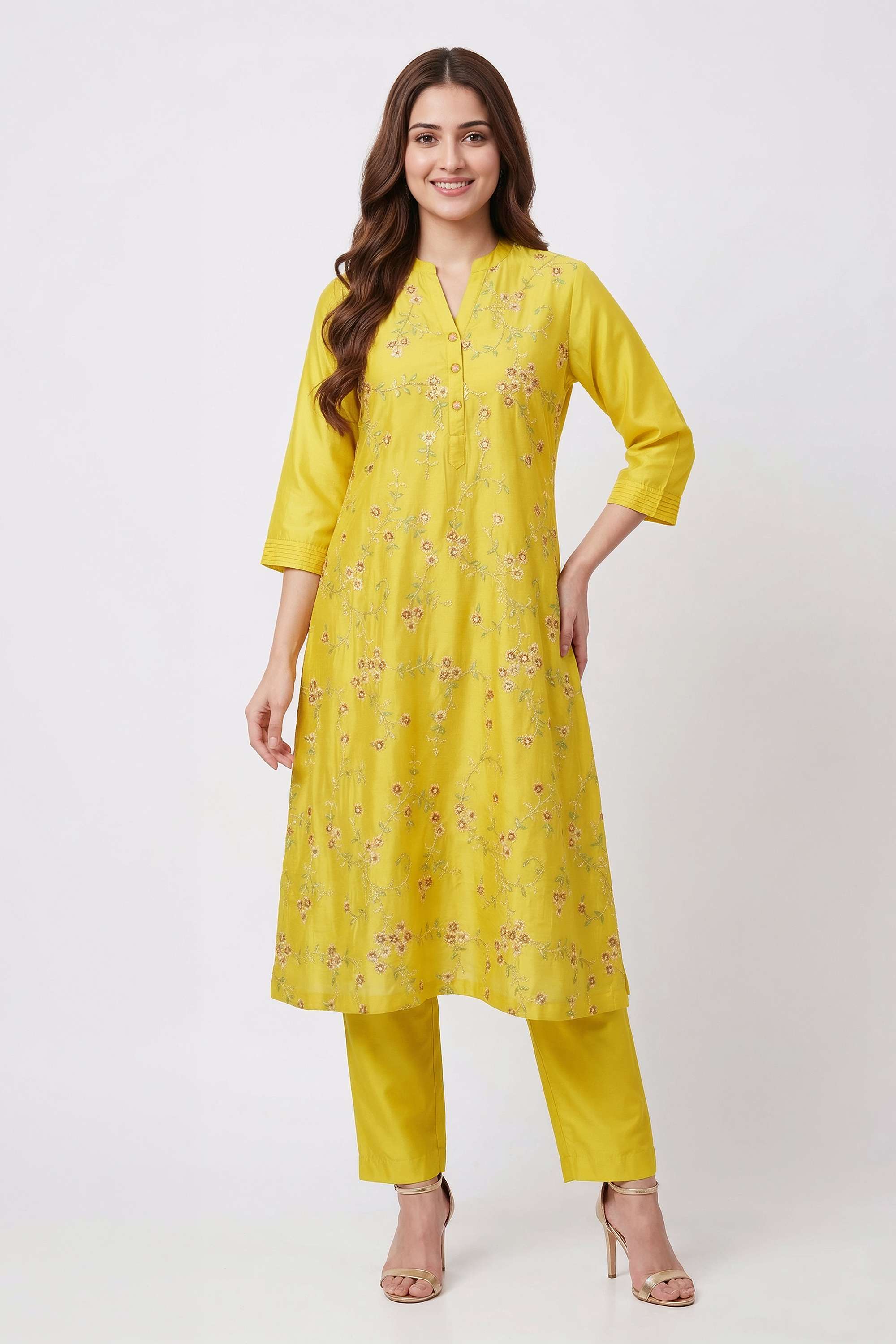 Embroidered-Chanderi-Collared-Women-Kurta-with-Pant-and-Dupatta