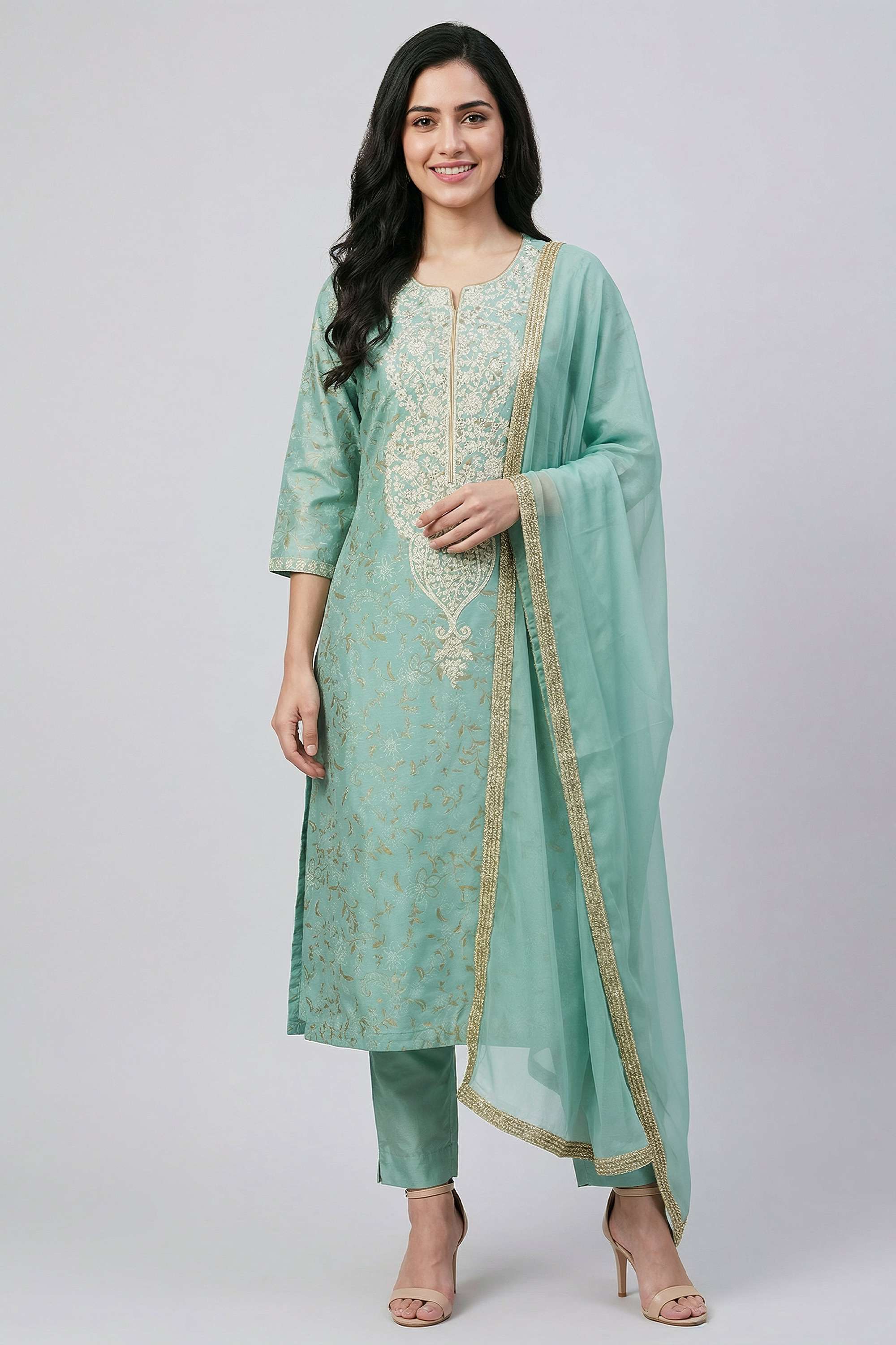 Embroidered-Chanderi-Round-Neck-Women-Kurta-with-Pant-and-Dupatta