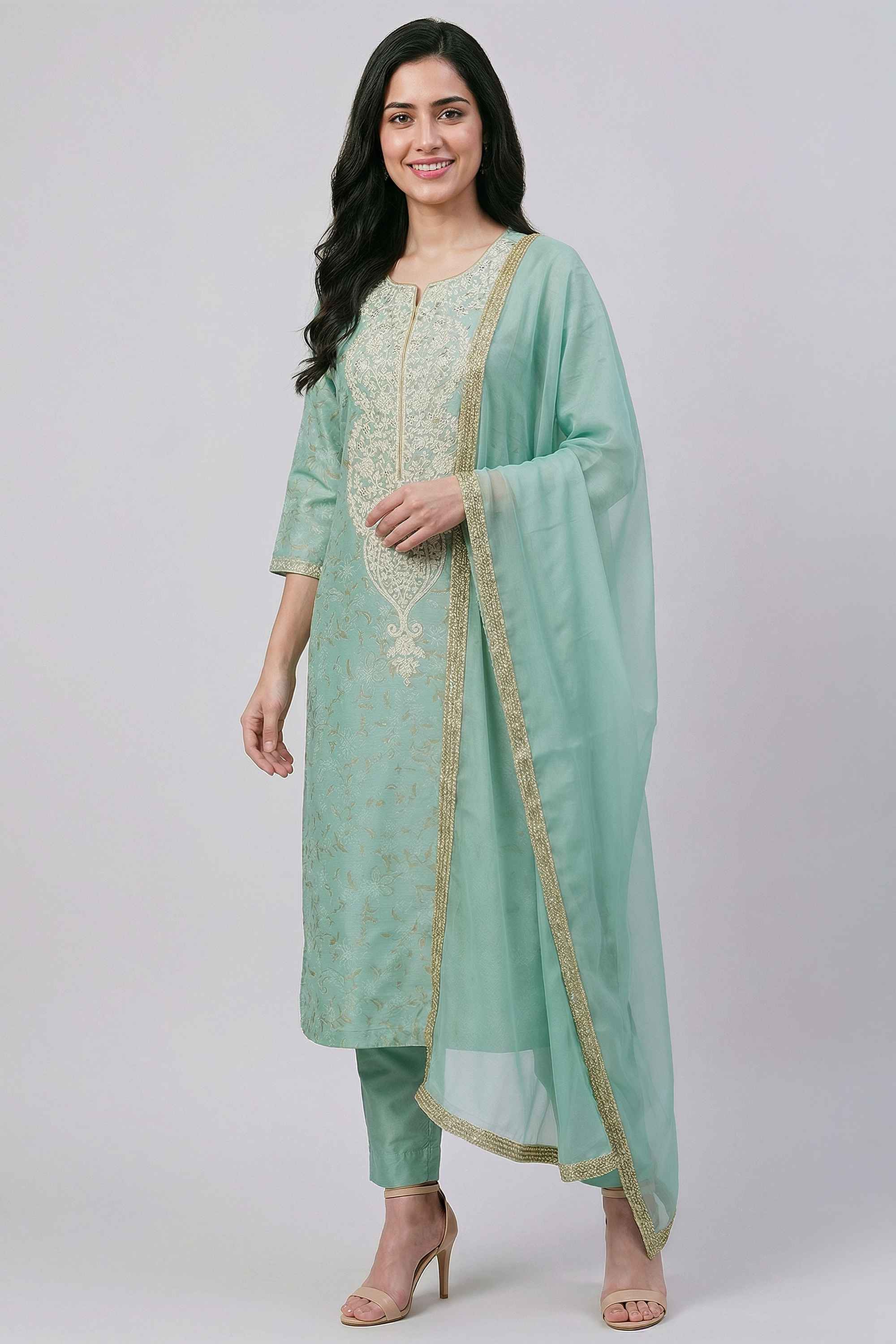 Embroidered-Chanderi-Round-Neck-Women-Kurta-with-Pant-and-Dupatta