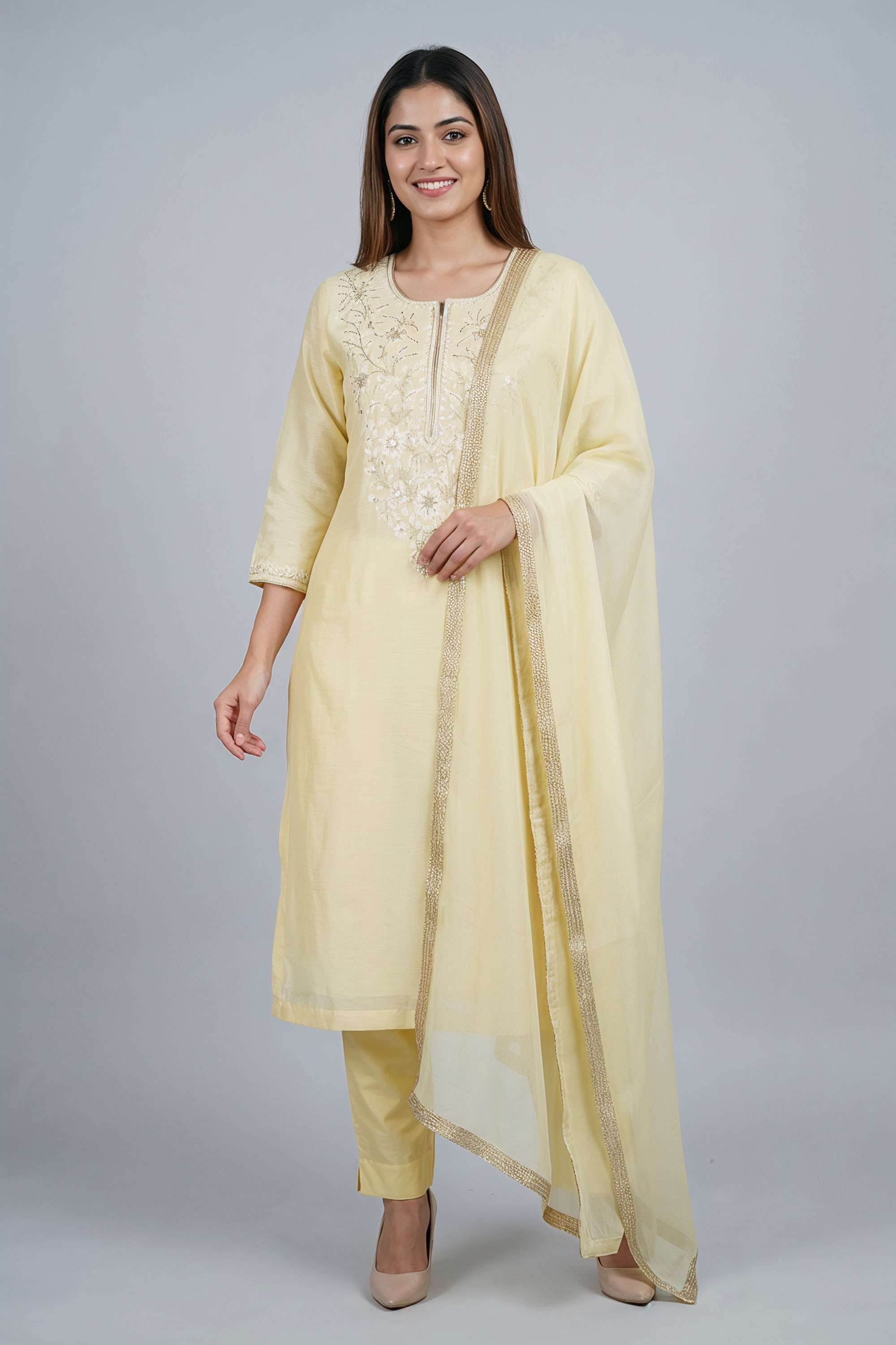 Embroidered-Chanderi-Round-Neck-Women-Kurta-with-Pant-and-Dupatta