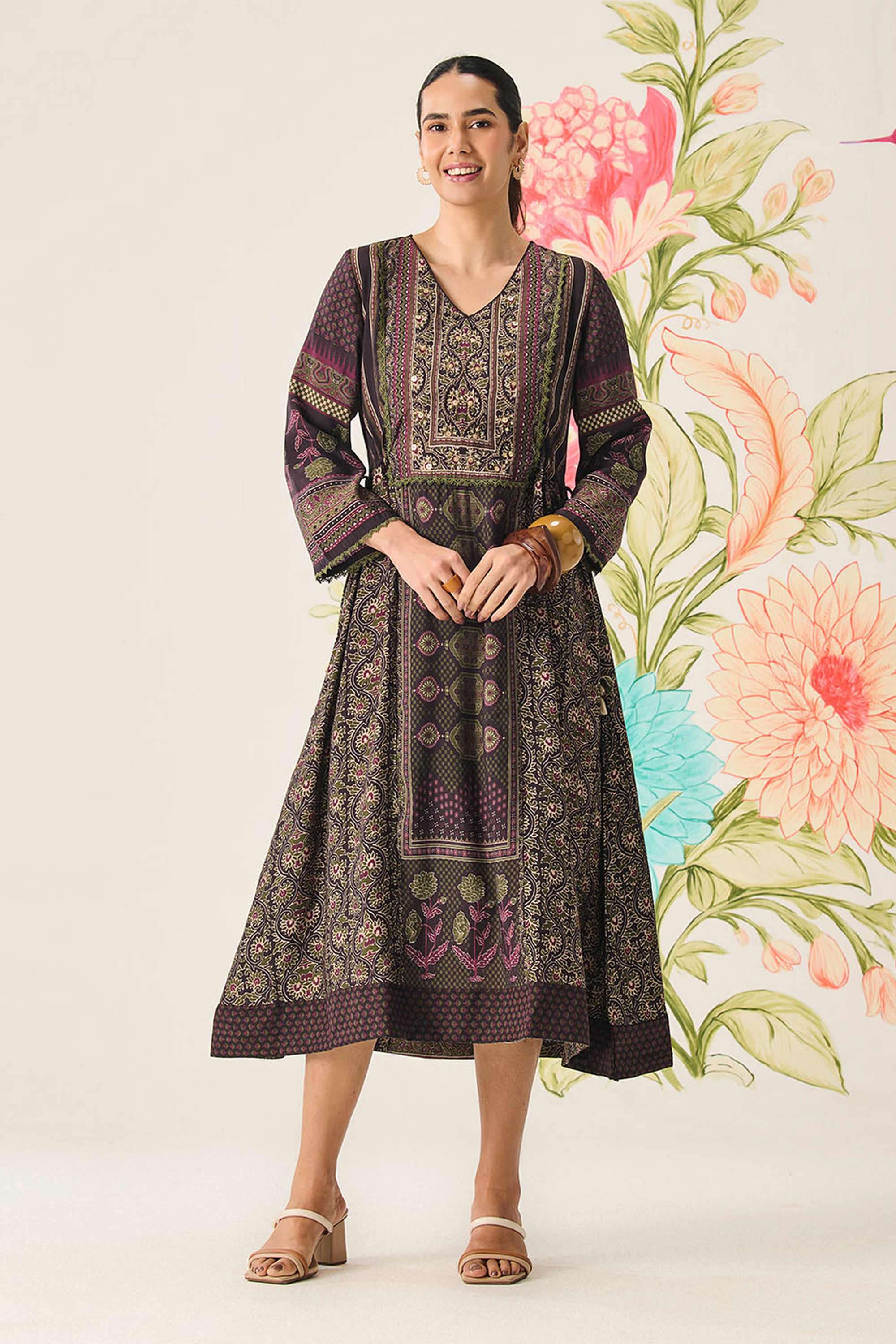Printed-Cotton-V-Neck-Women-Dress