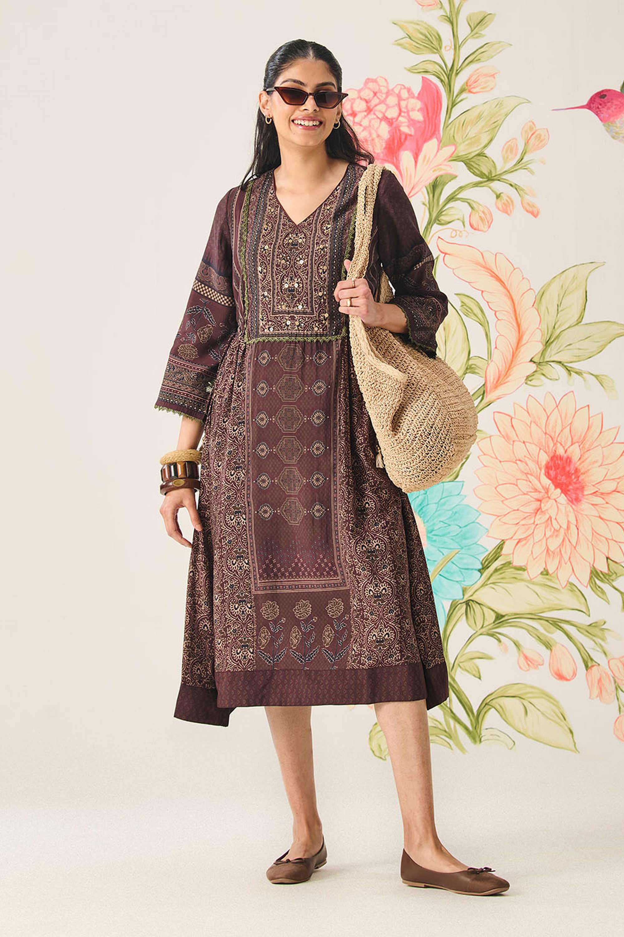 Printed-Cotton-V-Neck-Women-Dress