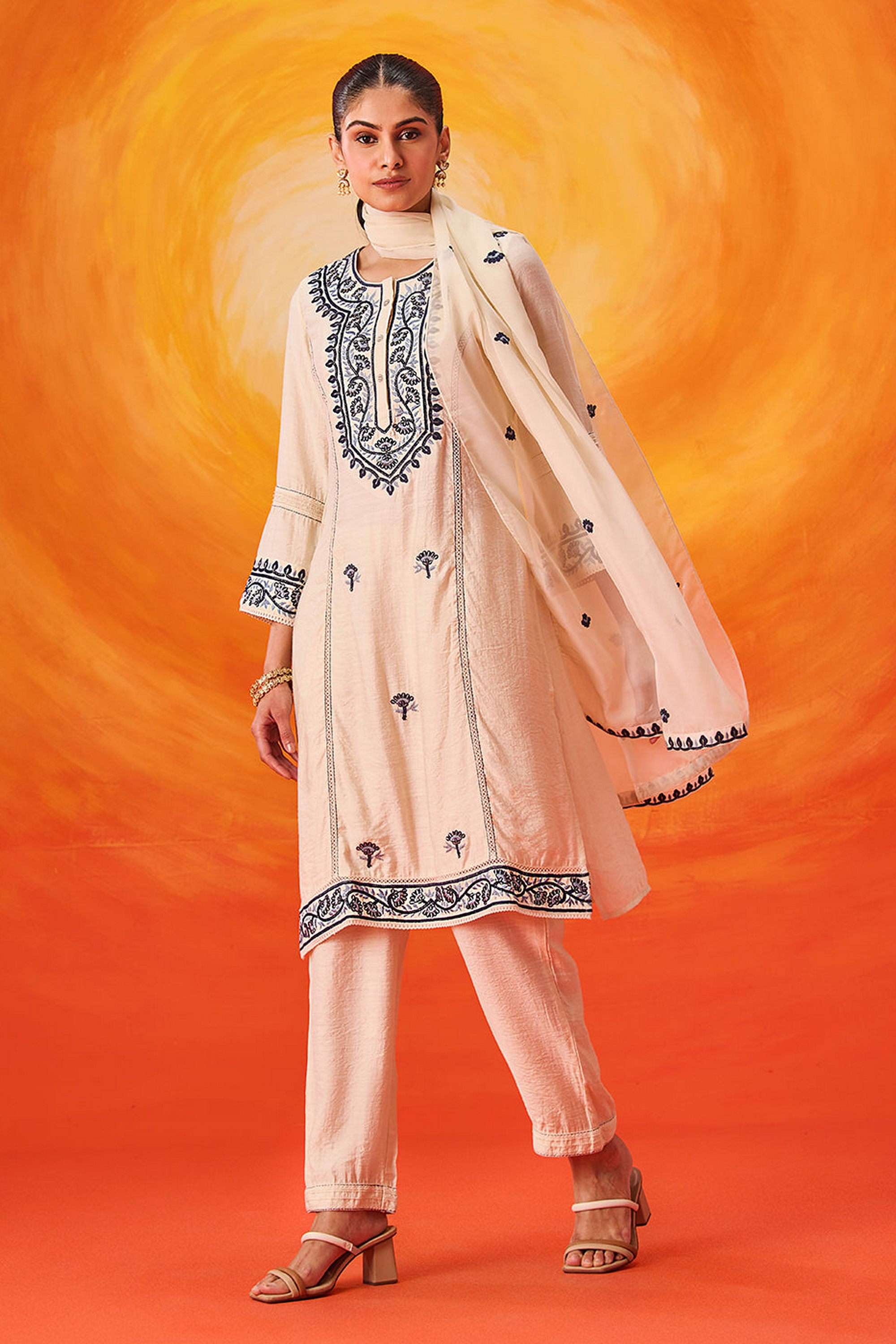 Buy Lakshita White Embroidered Cotton Round Neck Women Kurta with