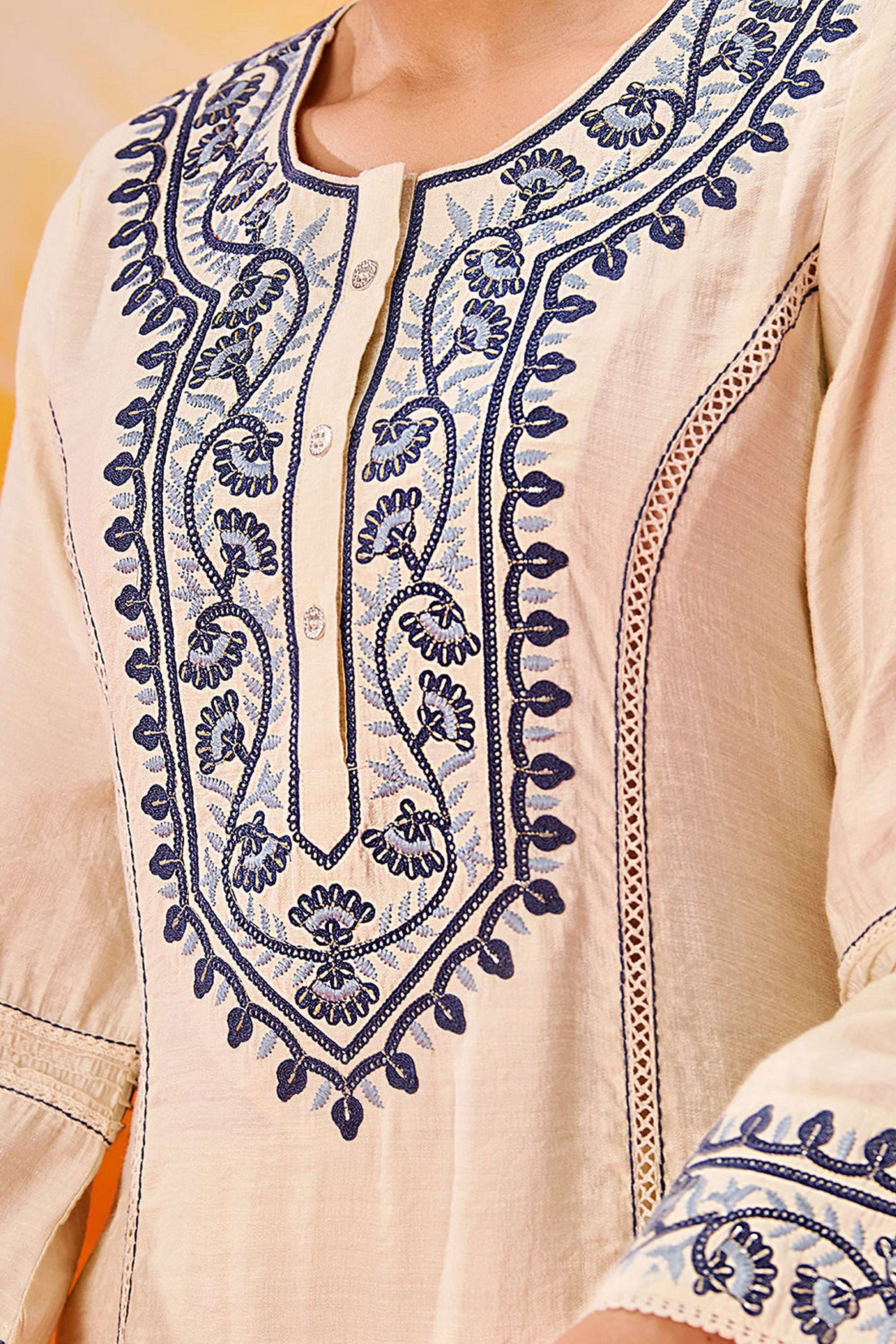 Buy Lakshita White Embroidered Cotton Round Neck Women Kurta with