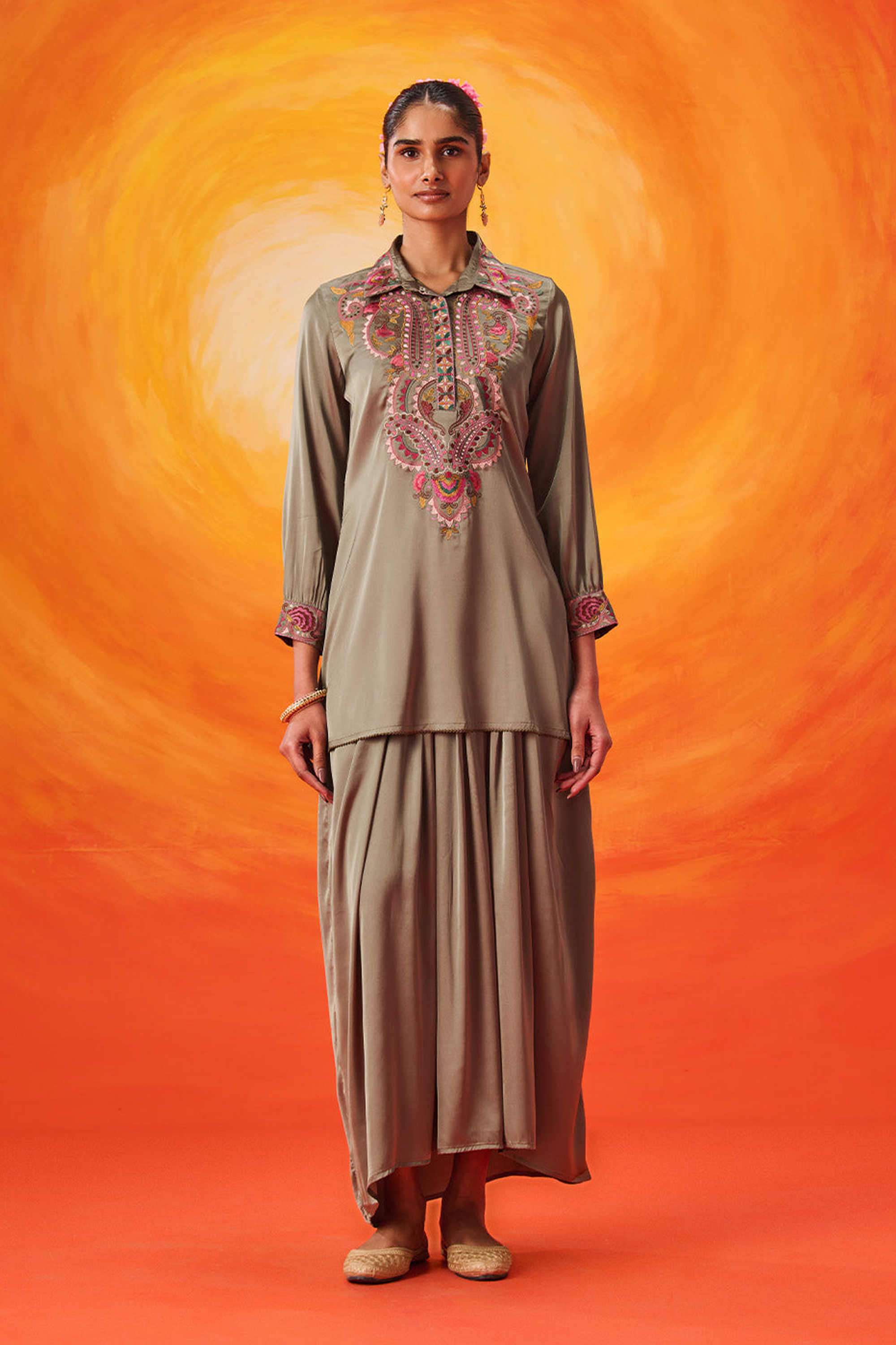 Embroidered-Cotton-Collared-Women-Kurta-with-Skirt
