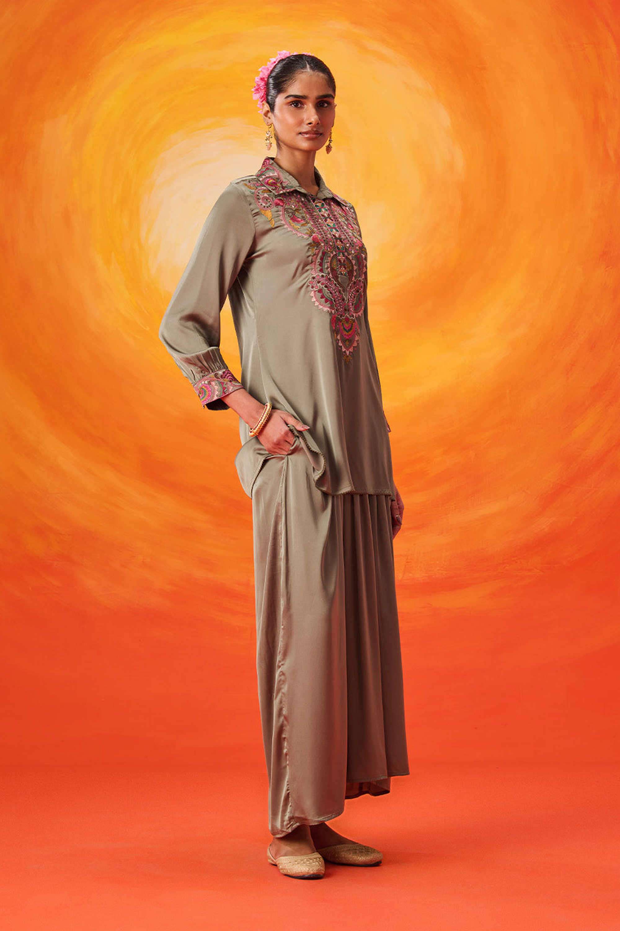 Embroidered-Cotton-Collared-Women-Kurta-with-Skirt