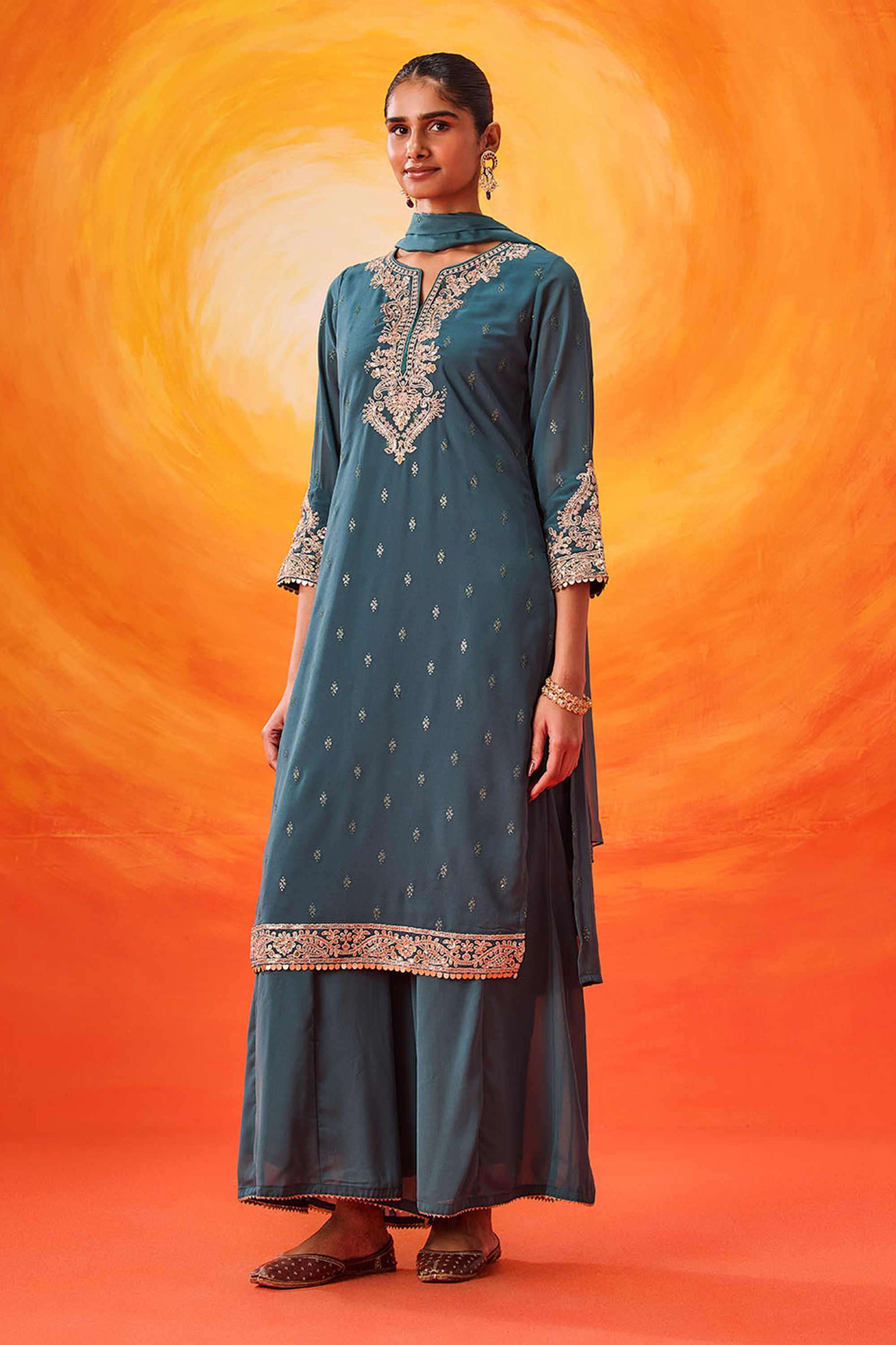 Embroidered-Cotton-Round-Neck-Women-Kurta-with-Palazzo-and-Dupatta