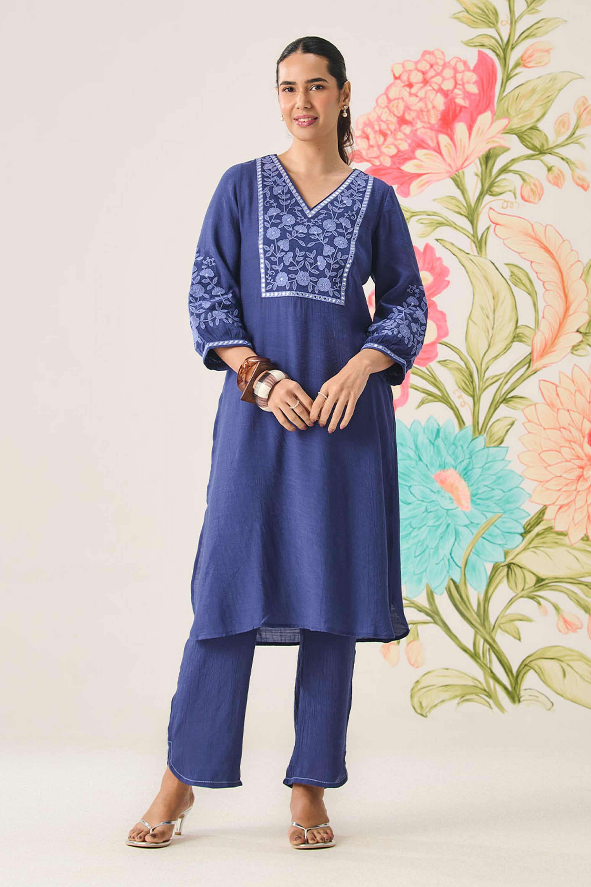 Embroidered-Cotton-V-Neck-Women-Kurta-with-Pant