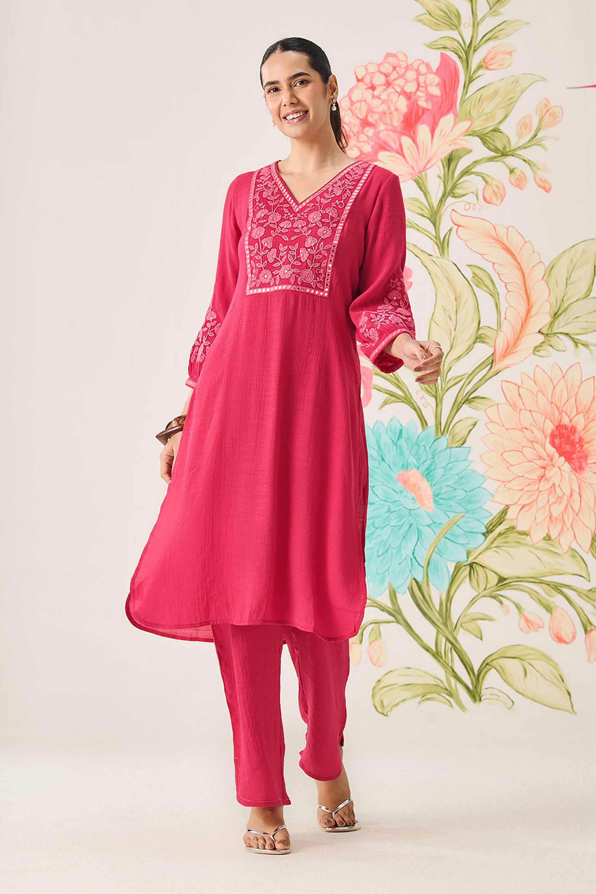 Embroidered-Cotton-V-Neck-Women-Kurta-with-Pant