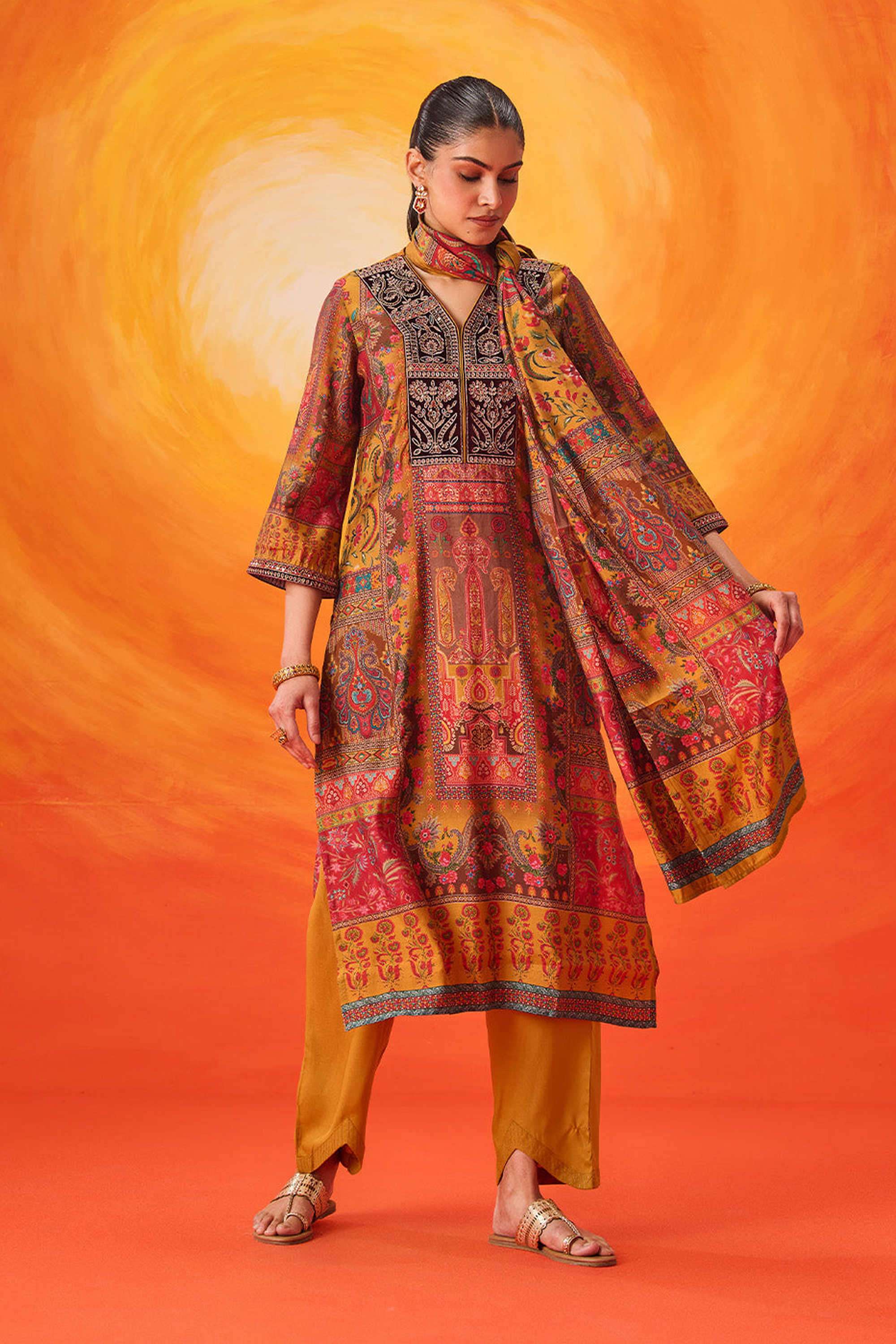 Embellished-Cotton-V-Neck-Women-Kurta-with-Pant-and-Dupatta