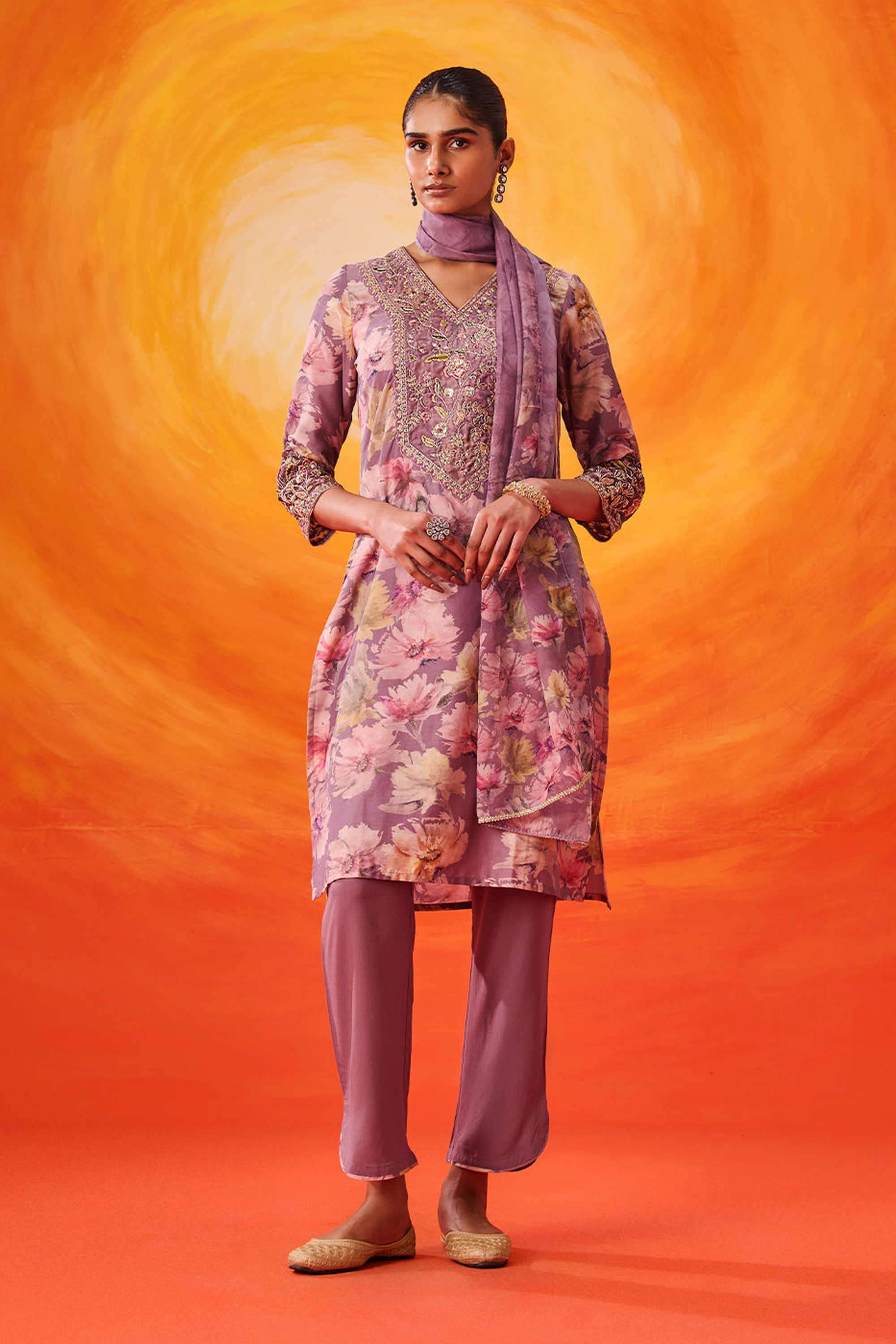 Embellished-Cotton-V-Neck-Women-Kurta-with-Pant-and-Dupatta