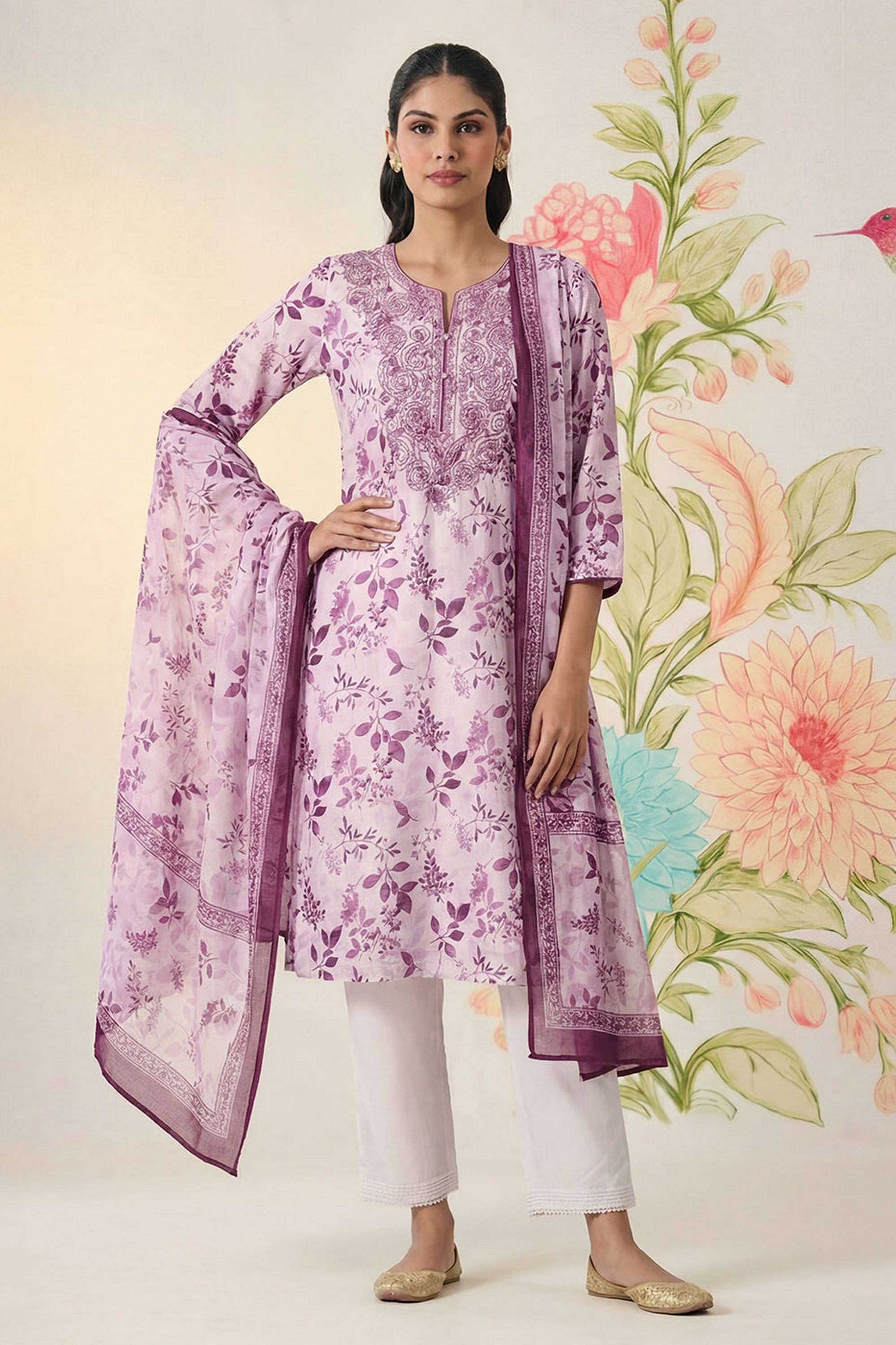 Floral-Cotton-Round-Neck-Women-Kurta-with-Pant-and-Dupatta