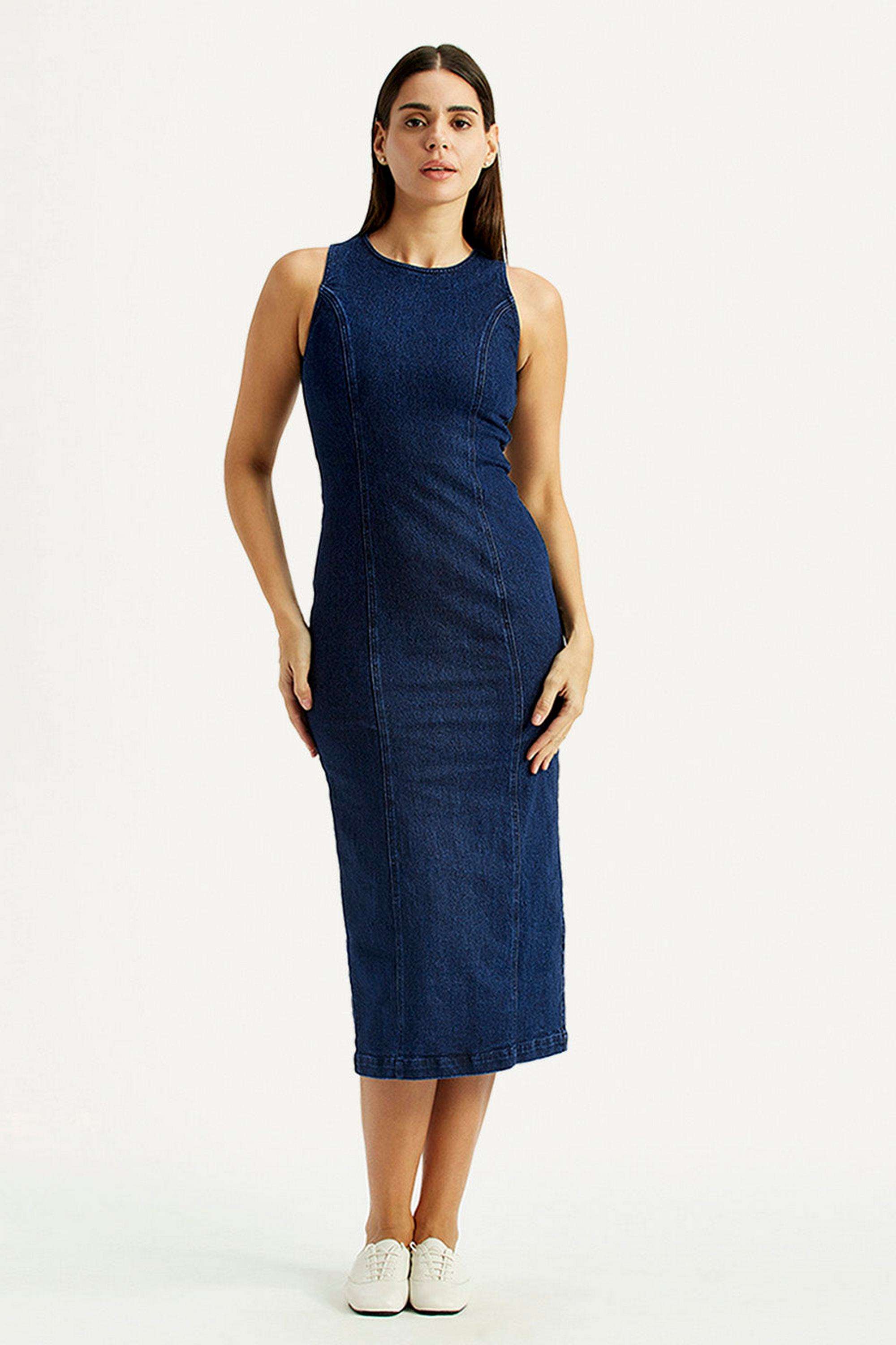 Solid-Round-Neck-Cotton-Women-Dress