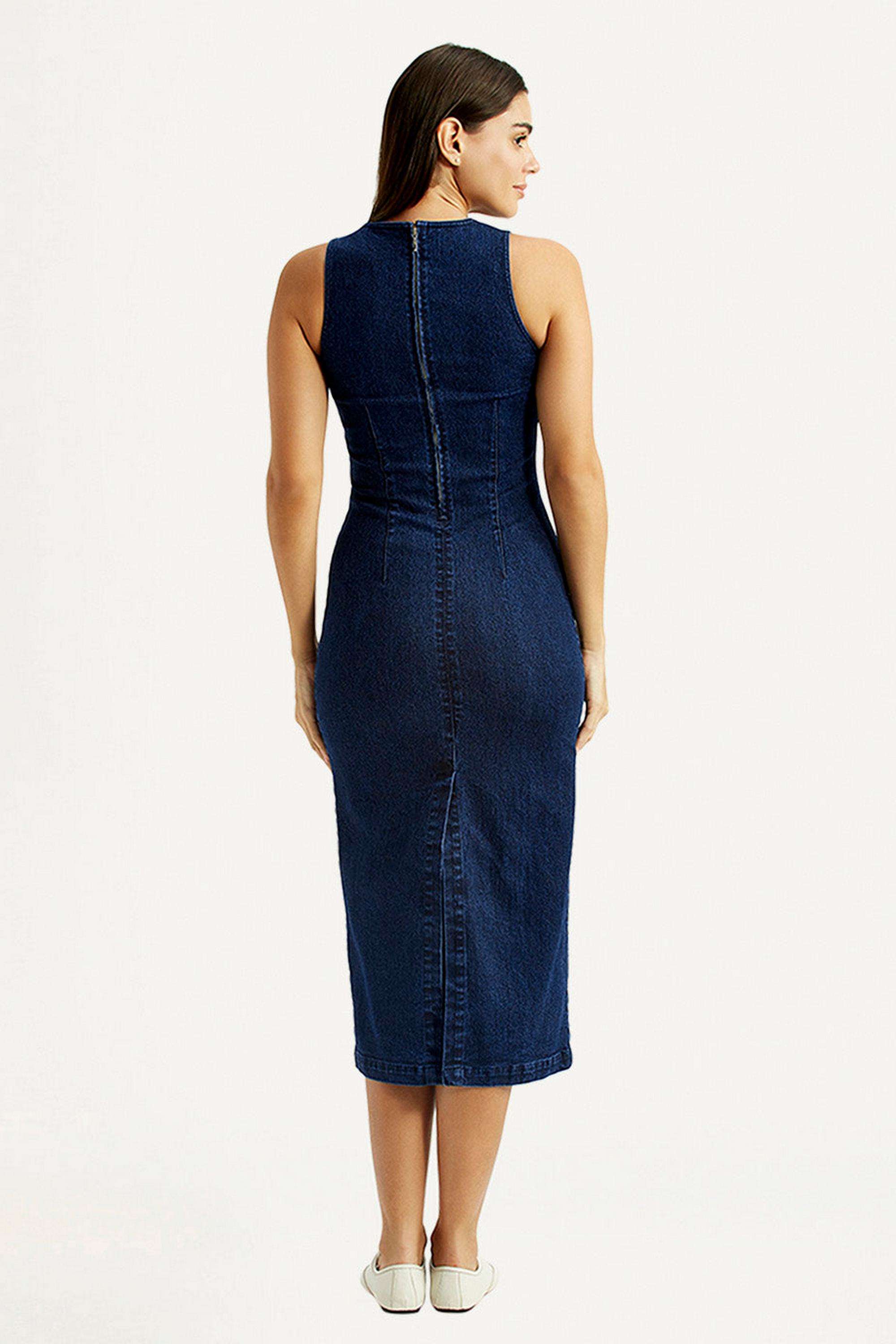 Solid-Round-Neck-Cotton-Women-Dress
