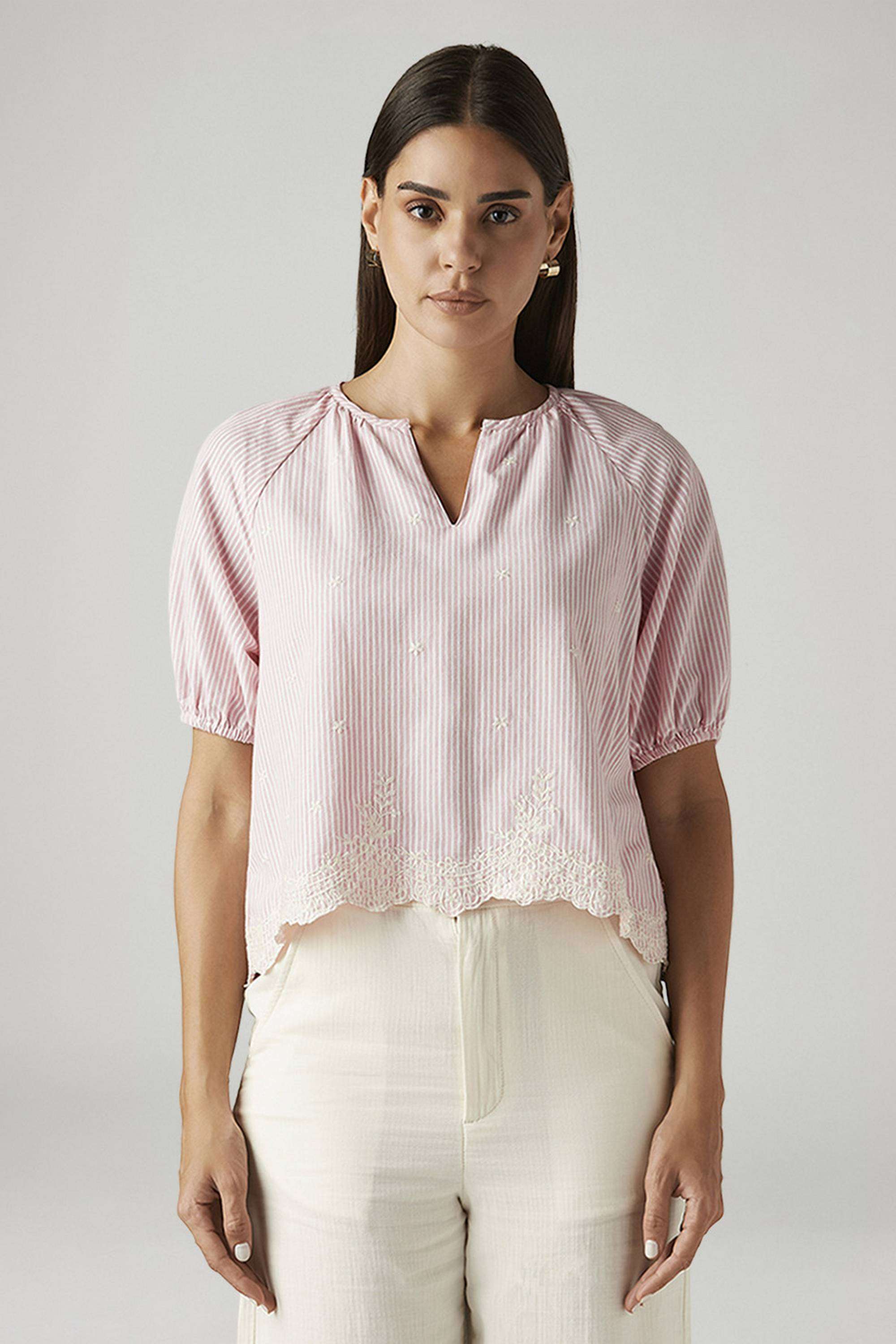 Stripes-Blended-Fabric-V-Neck-Women-s-Top