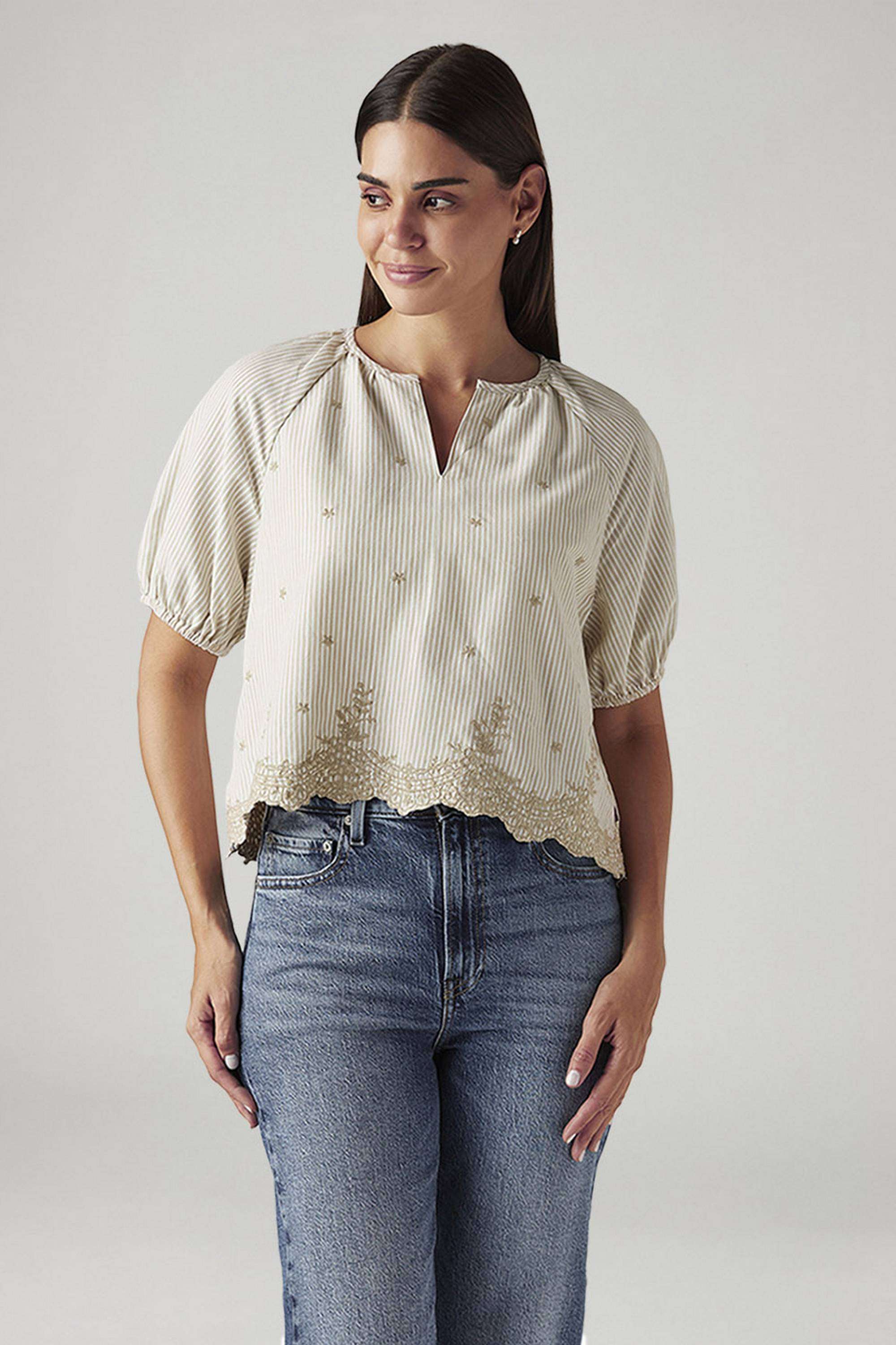 Stripes-Blended-Fabric-V-Neck-Women-s-Top