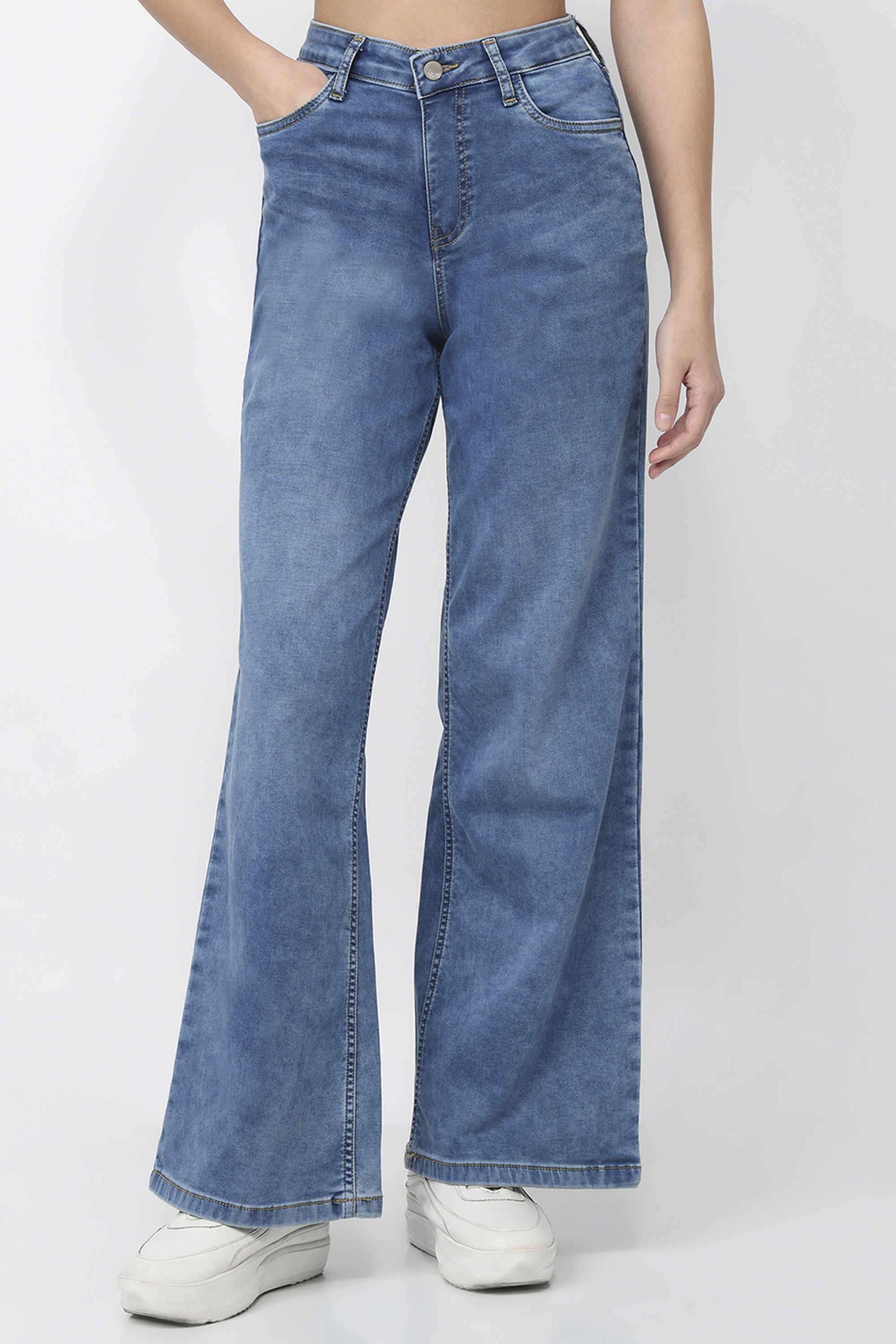 Solid-Wide-Leg-Fit-Blended-Fabric-Women-s-Casual-Wear-Jeans