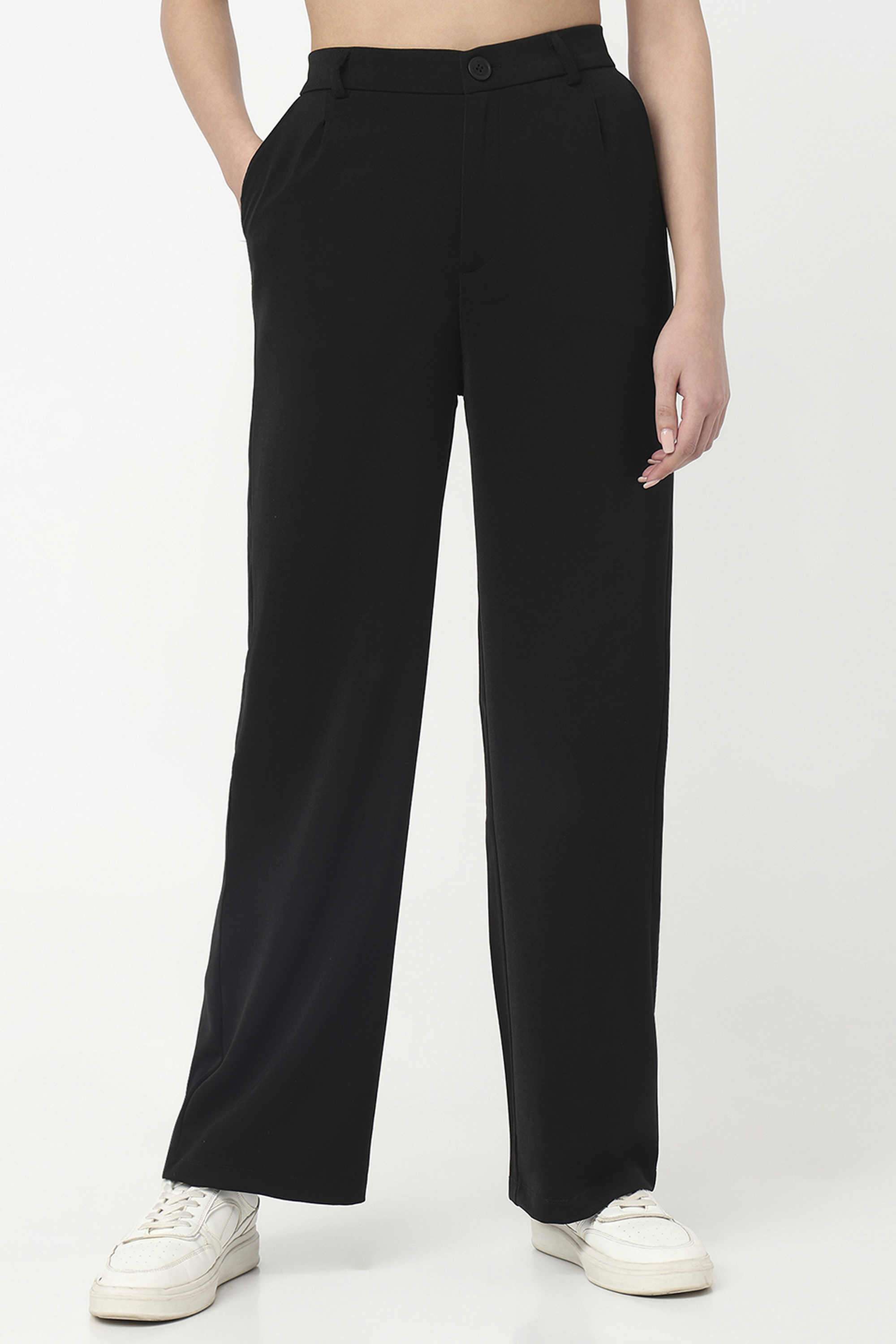 Solid-Wide-Leg-Fit-Blended-Fabric-Women-s-Casual-Wear-Trousers