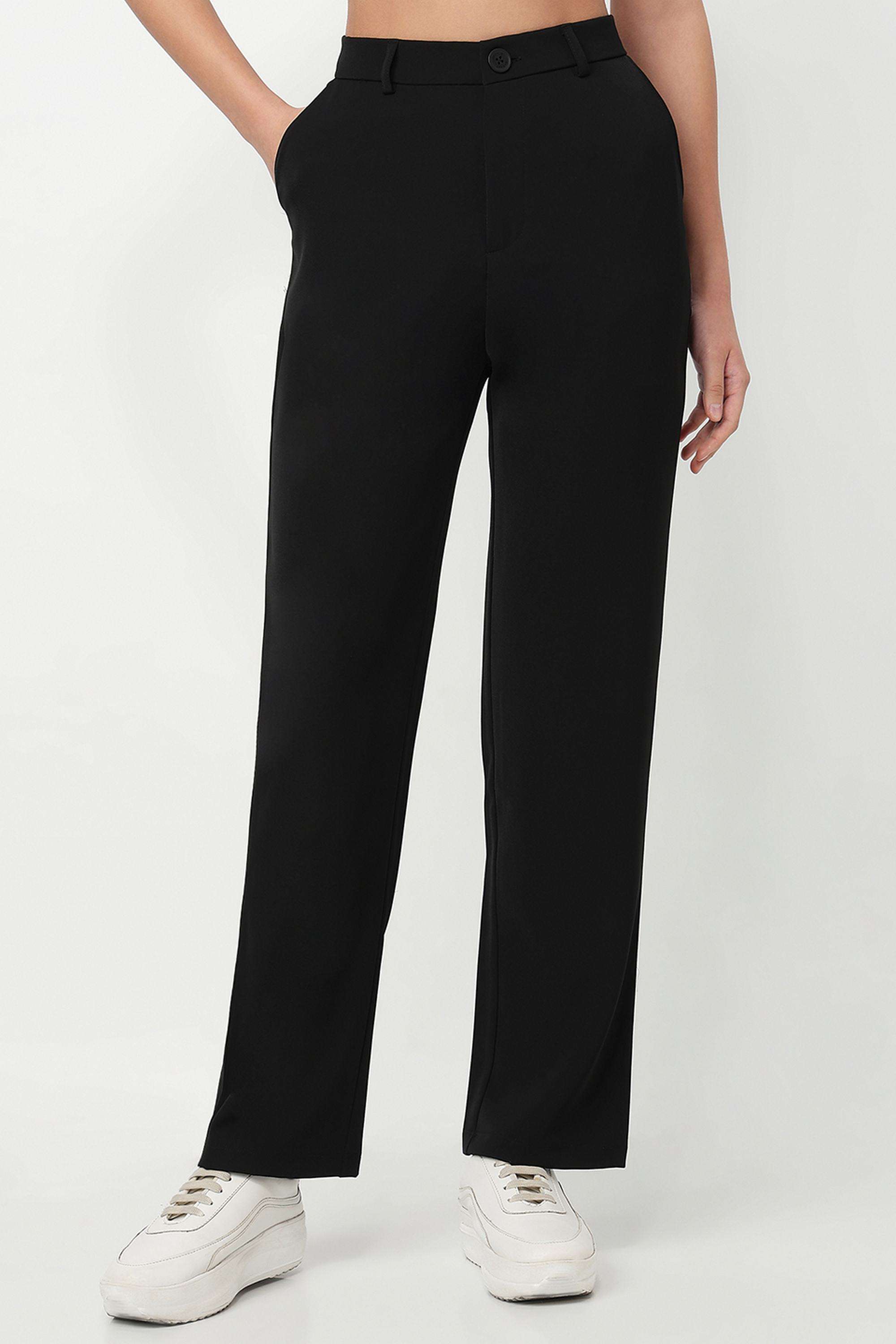 Solid-Straight-Fit-Blended-Fabric-Women-s-Casual-Wear-Trousers