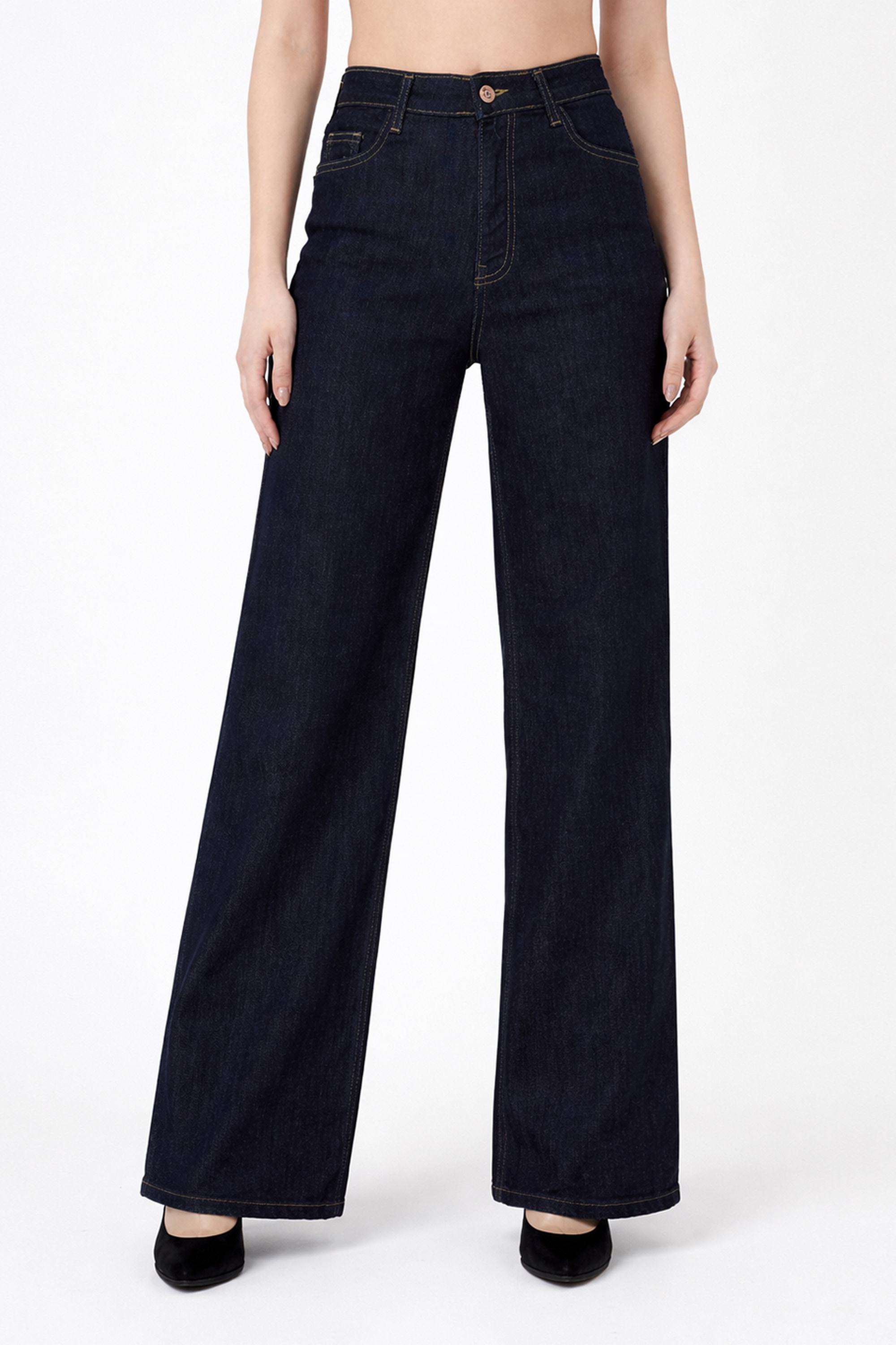 High-Rise-Blended-Fabric-Wide-Leg-Fit-Women-Jeans
