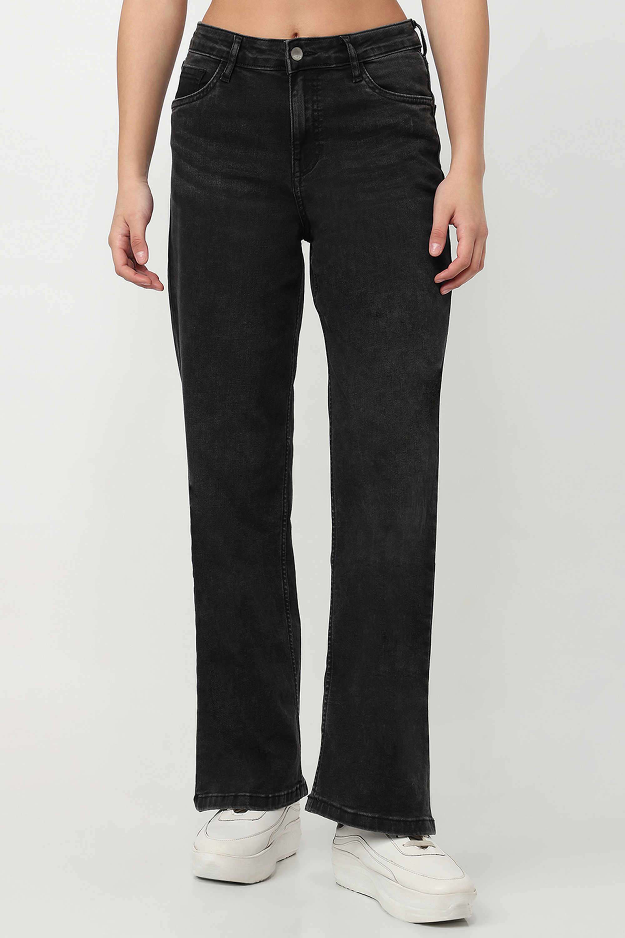 Solid-Wide-Leg-Fit-Blended-Fabric-Women-s-Casual-Wear-Jeans