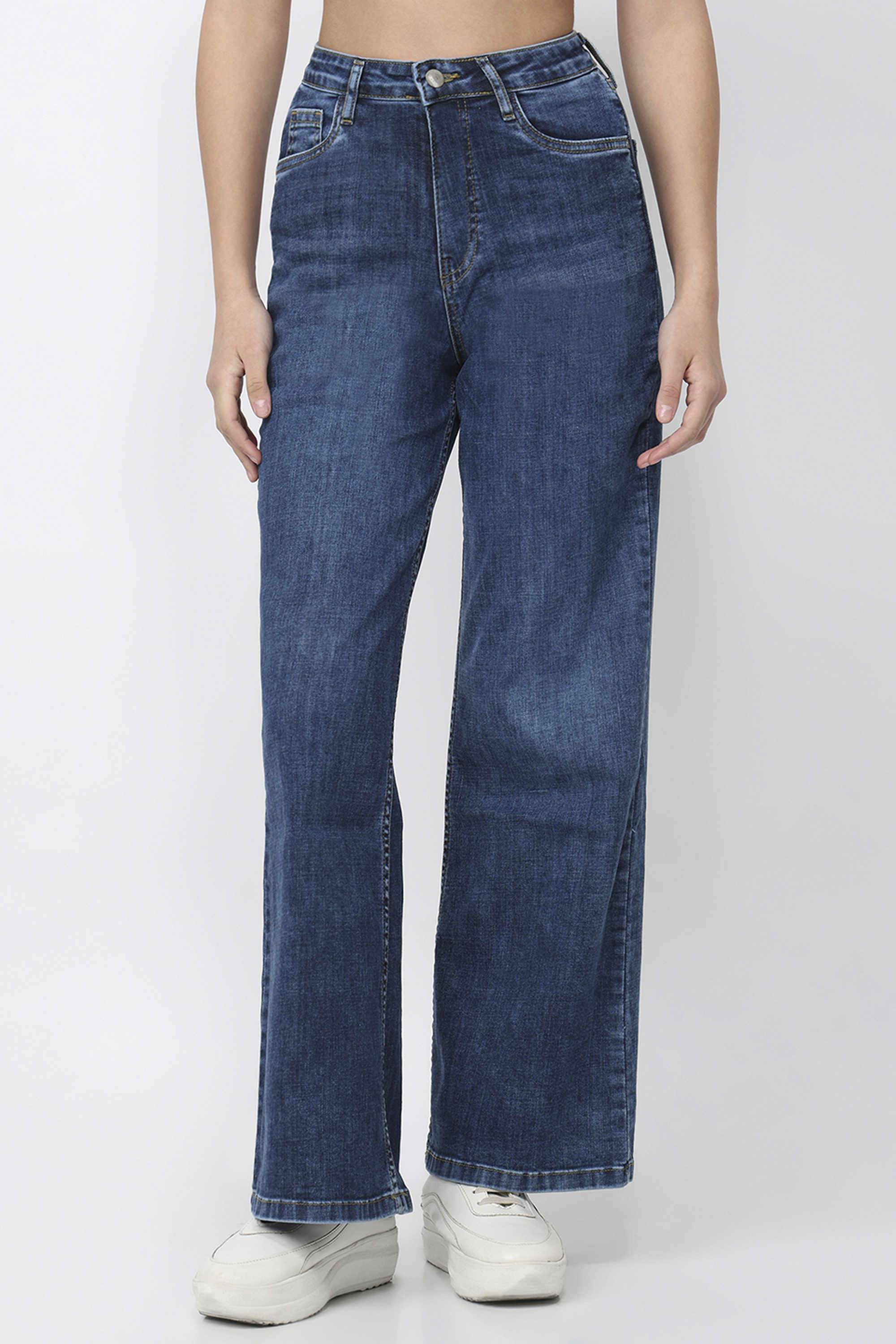 Solid-Wide-Leg-Fit-Blended-Fabric-Women-s-Casual-Wear-Jeans