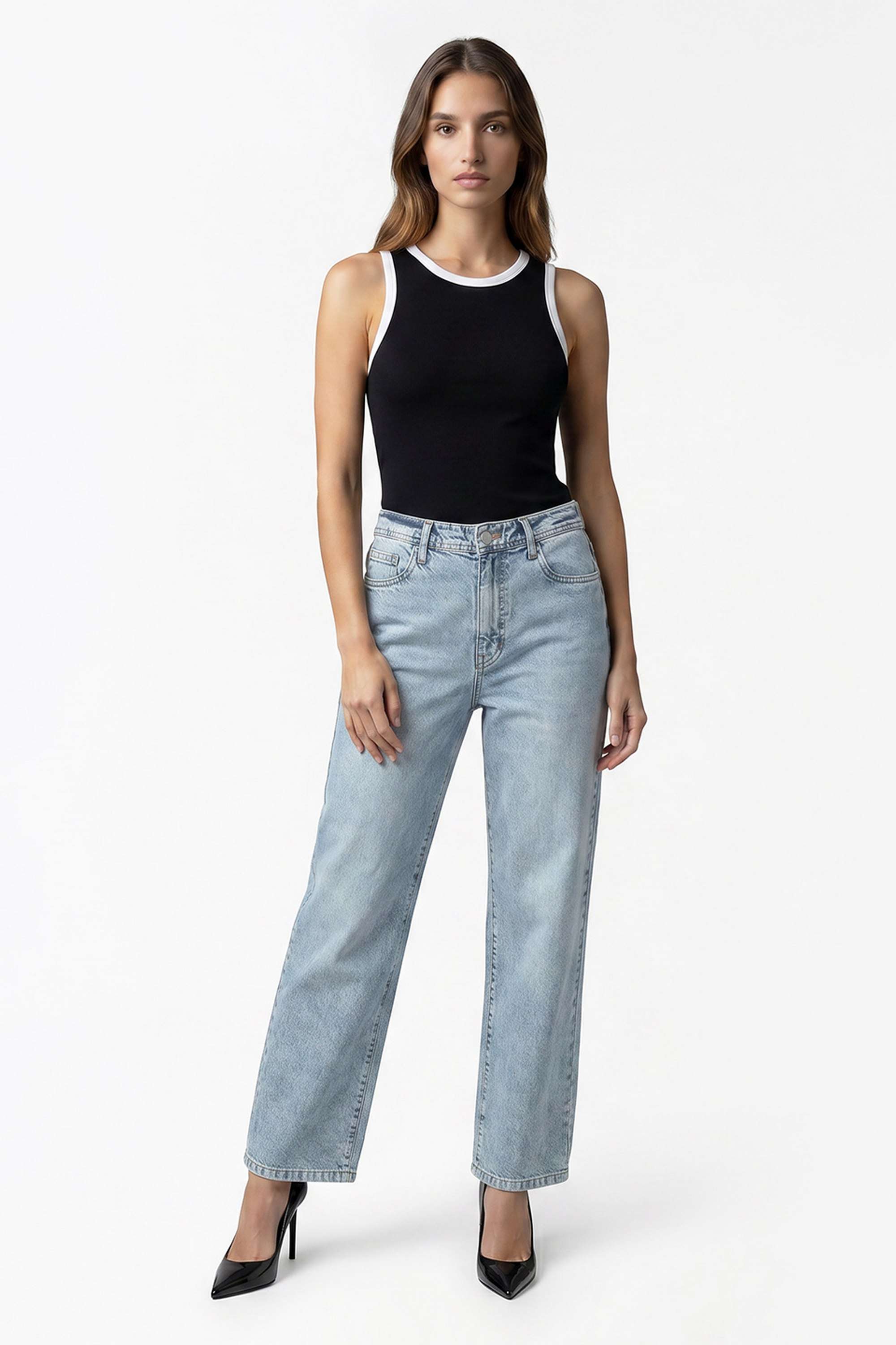 High Rise Cotton Blend Wide Leg Fit Women's Jeans-image-23