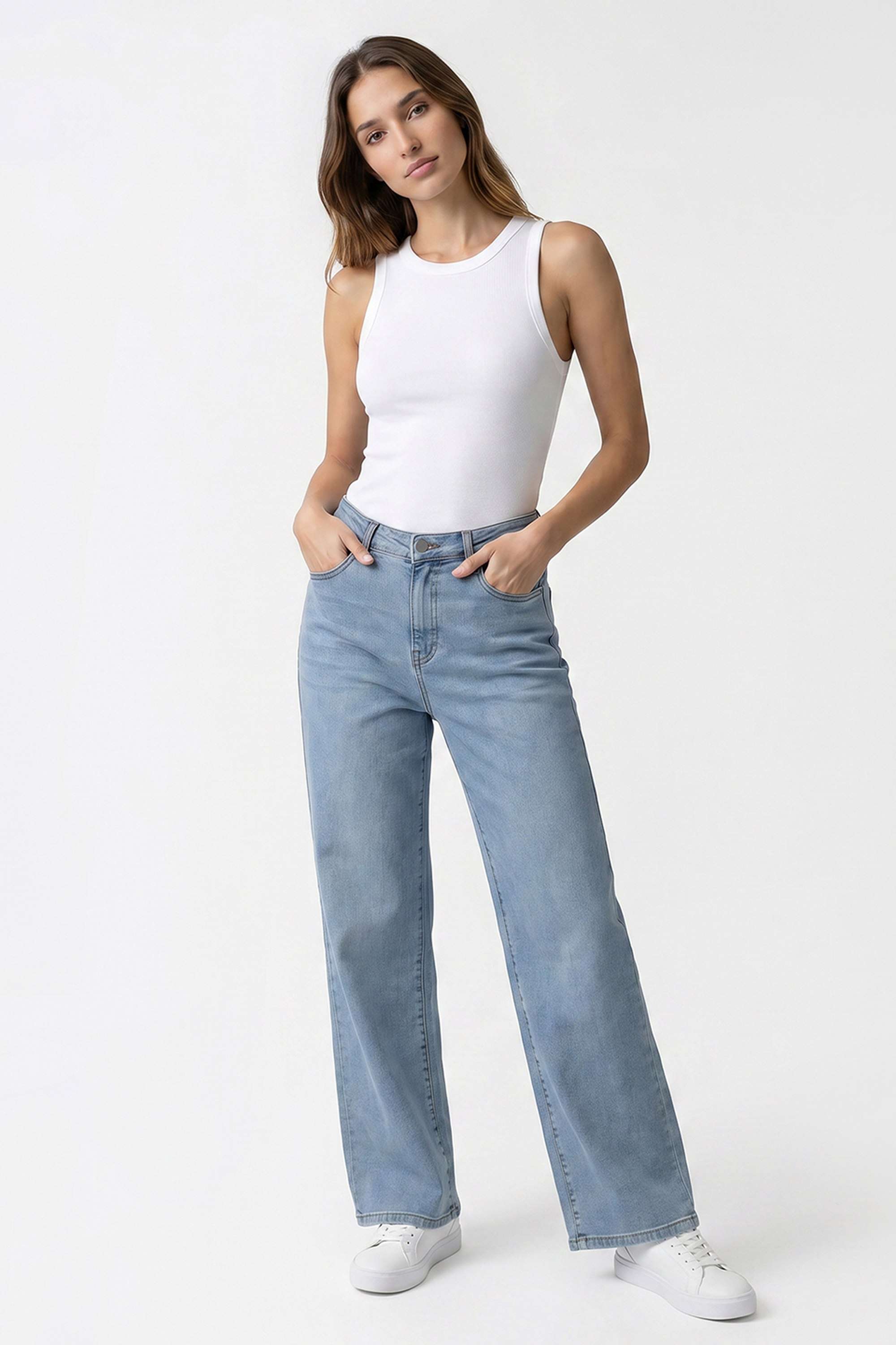 High Rise Cotton Blend Wide Leg Fit Women's Jeans-image-25