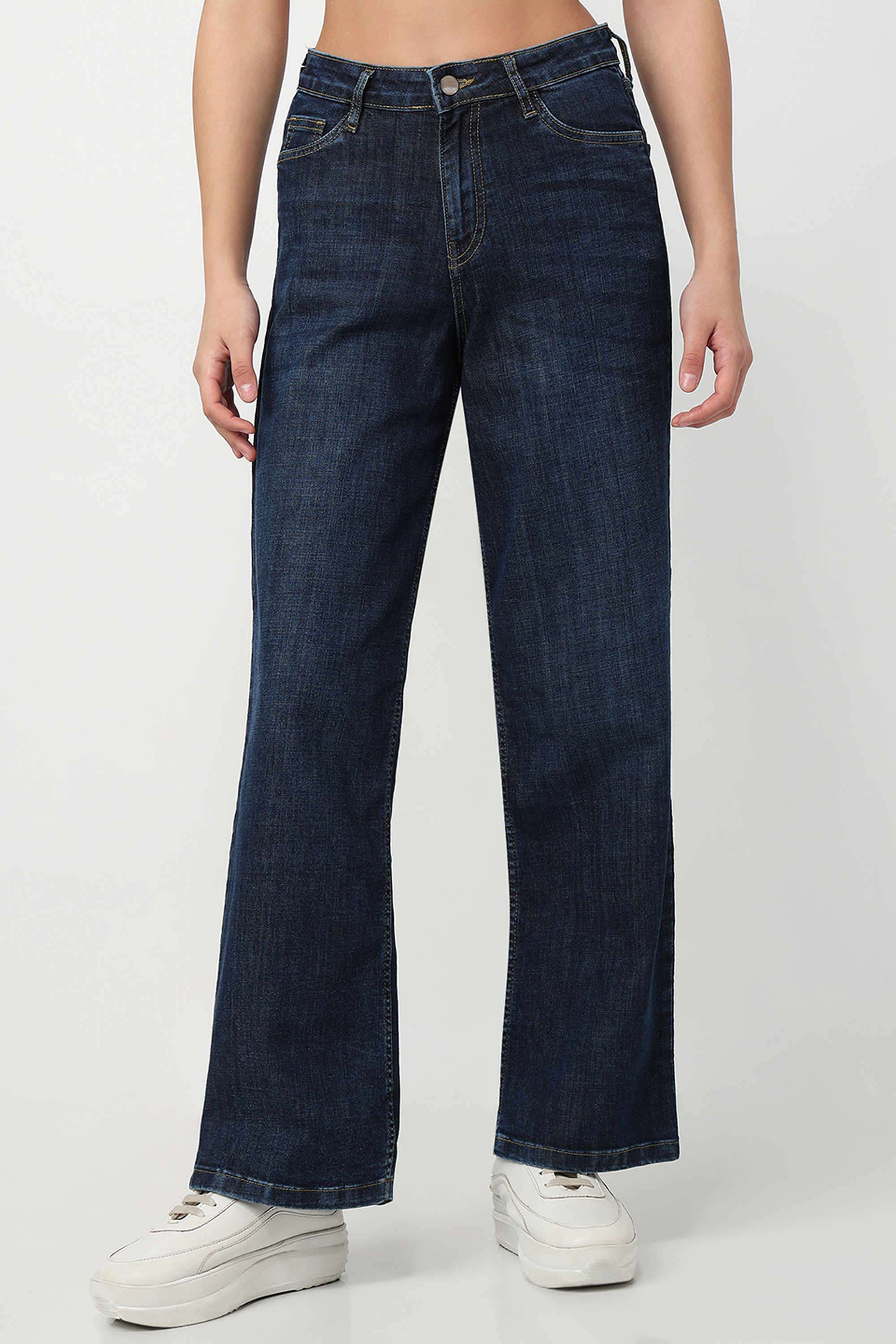 Solid-Wide-Leg-Fit-Blended-Fabric-Women-s-Casual-Wear-Jeans