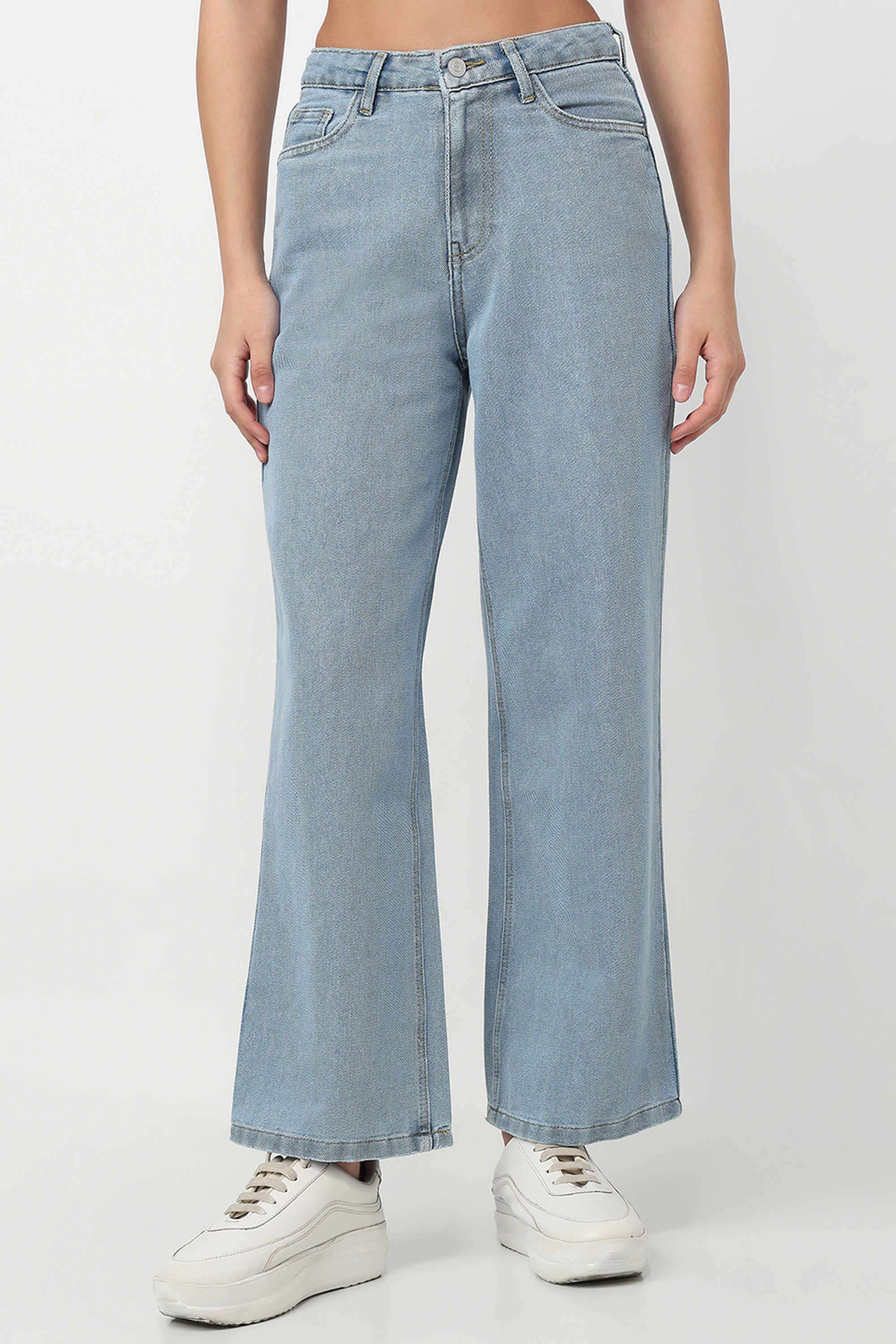 Solid-Wide-Leg-Fit-Blended-Fabric-Women-s-Casual-Wear-Jeans