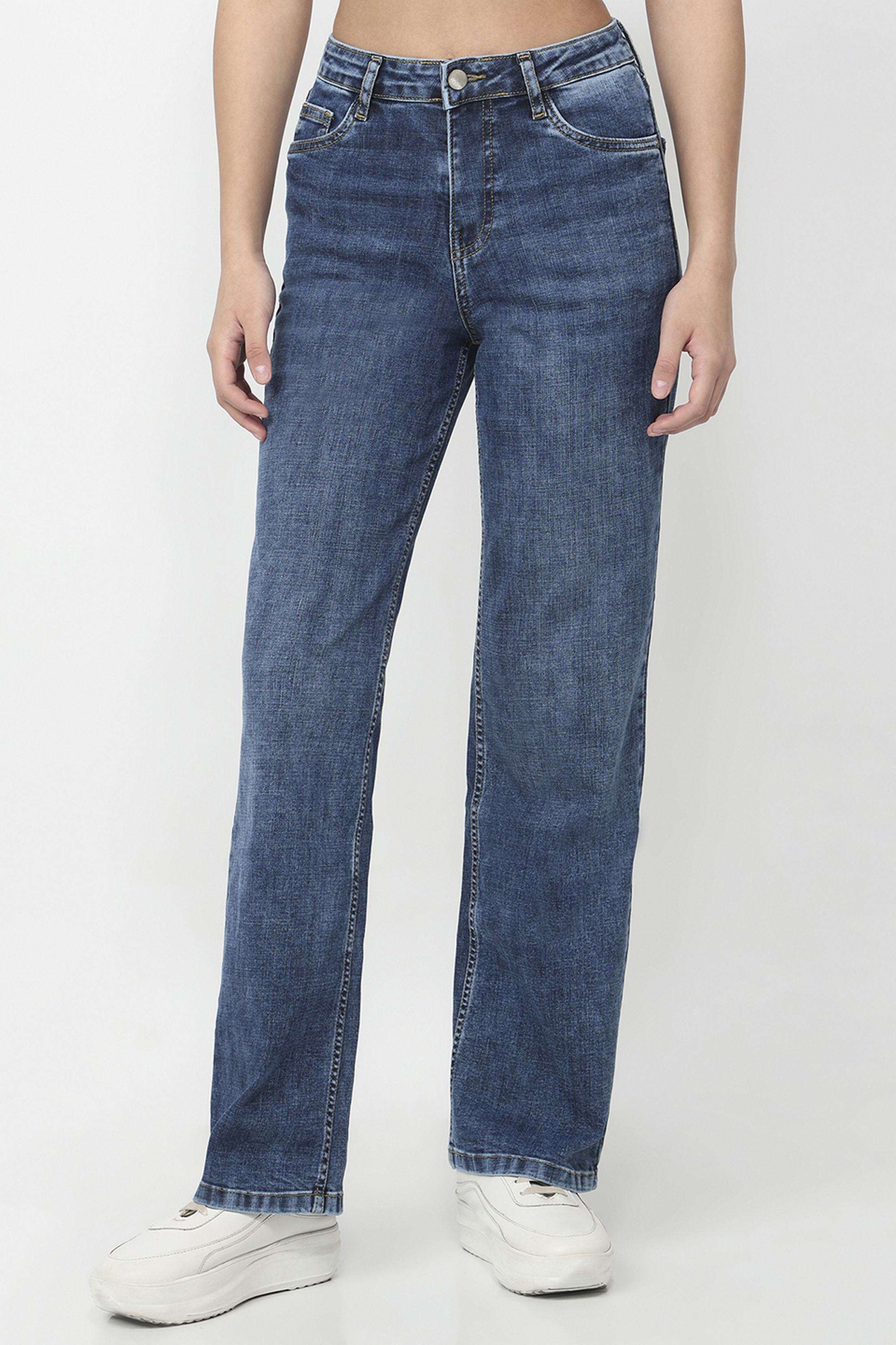 Solid-Wide-Leg-Fit-Blended-Fabric-Women-s-Casual-Wear-Jeans