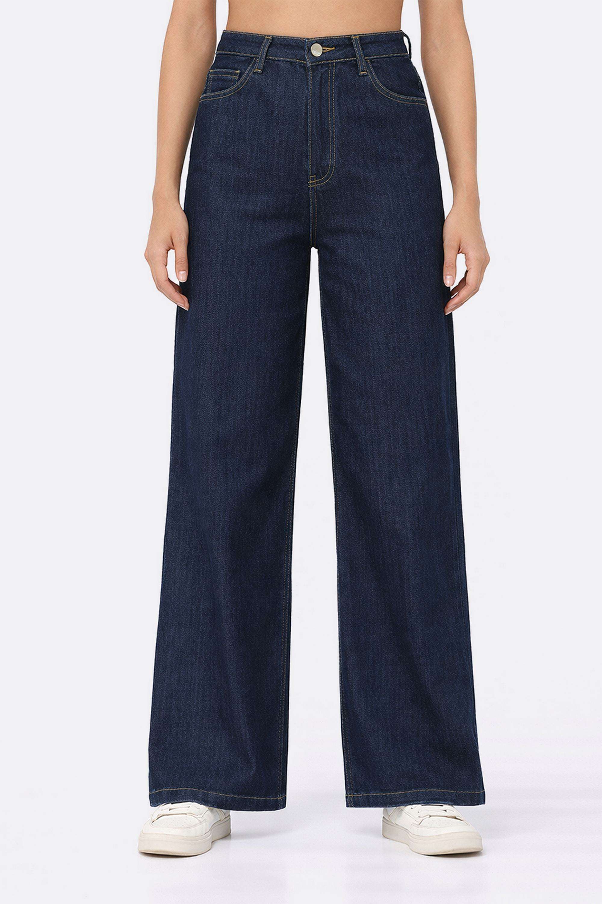 High-Rise-Blended-Fabric-Wide-Leg-Fit-Women-s-Jeans