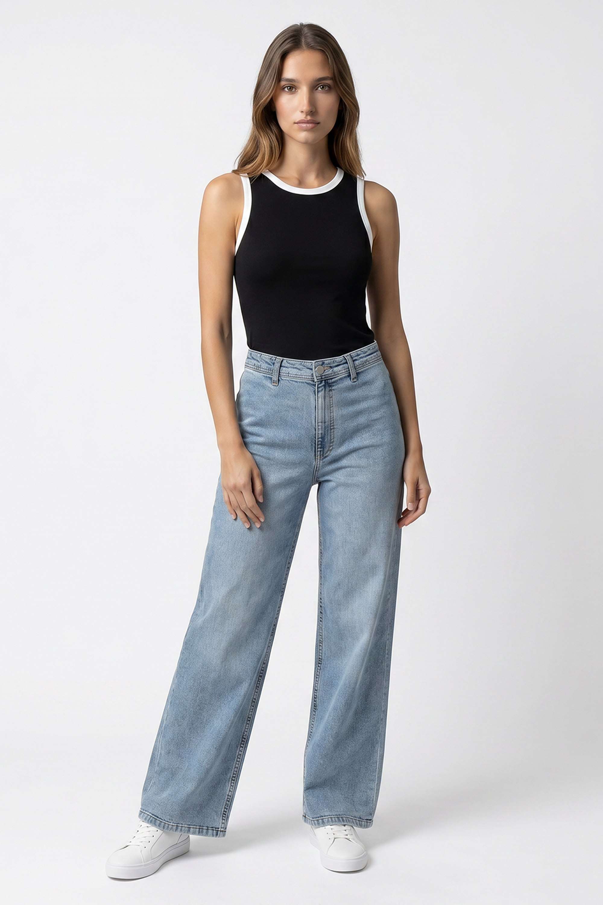 High Rise Cotton Blend Wide Leg Fit Women's Jeans-image-29